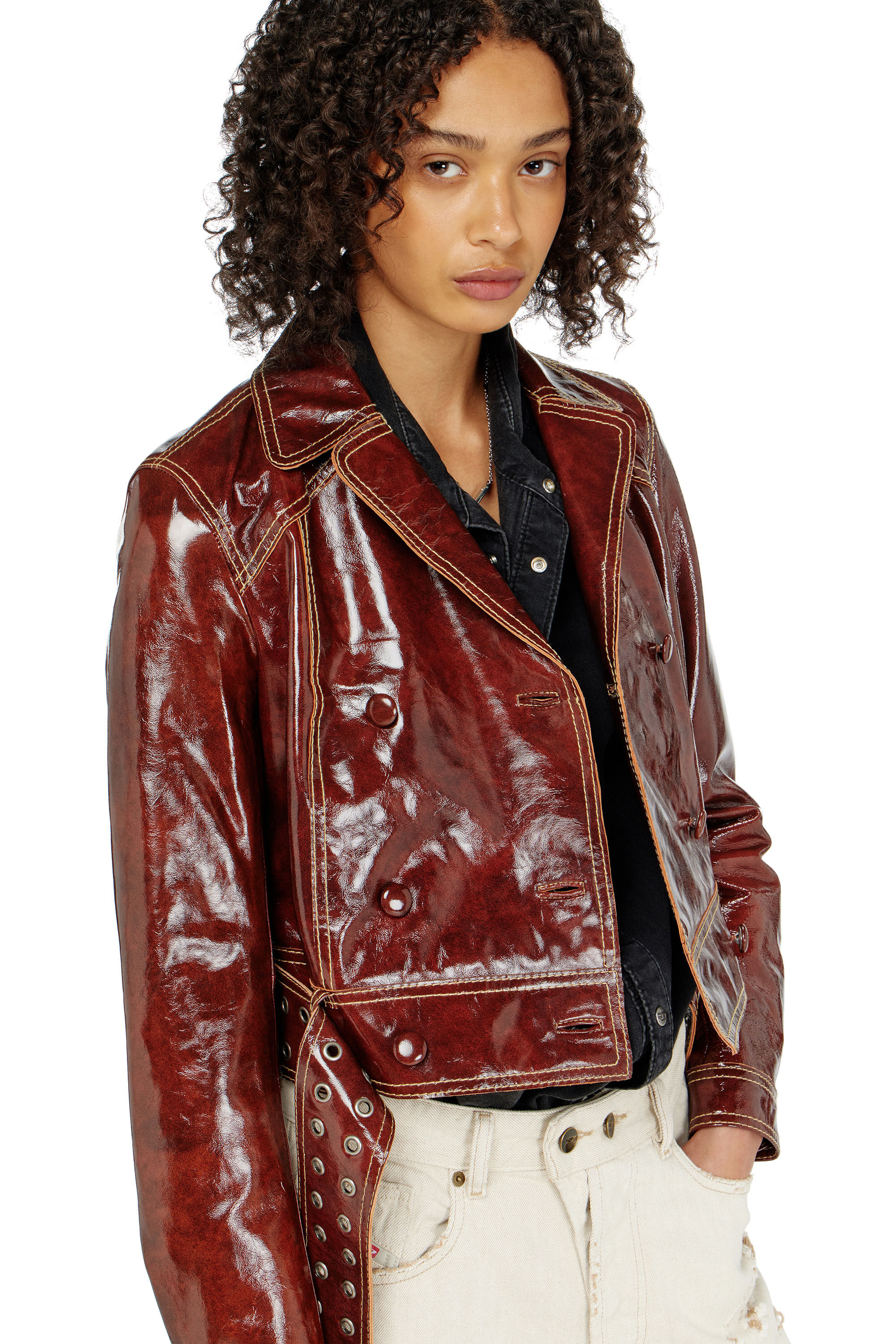 Diesel - L-EGEND, Woman's Patent-leather jacket with large belt in Brown - 6