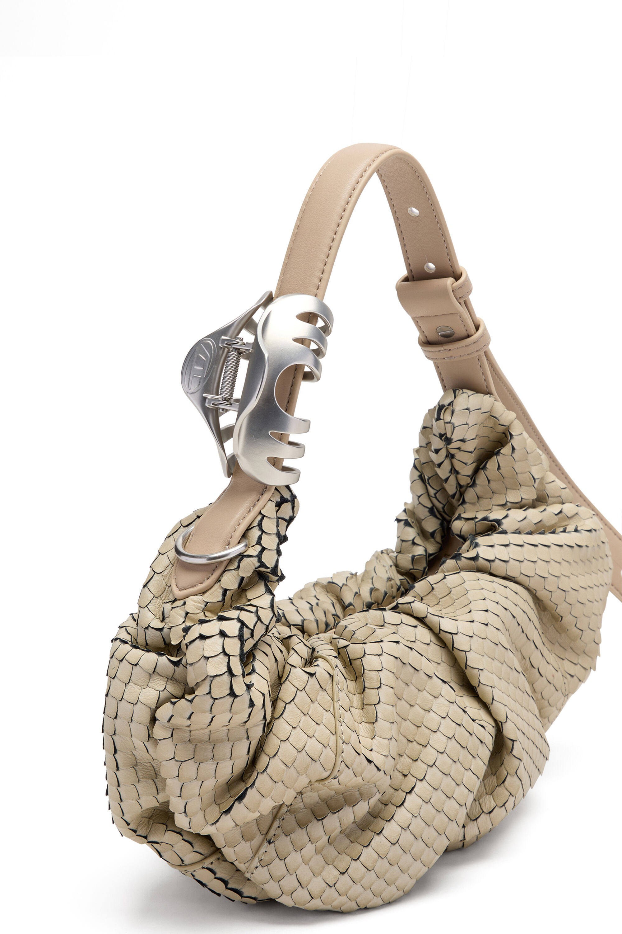 Diesel - GRAB-D HOBO S, Woman's Grab-D-Small scrunched hobo bag in snake-effect leather in Beige - 4