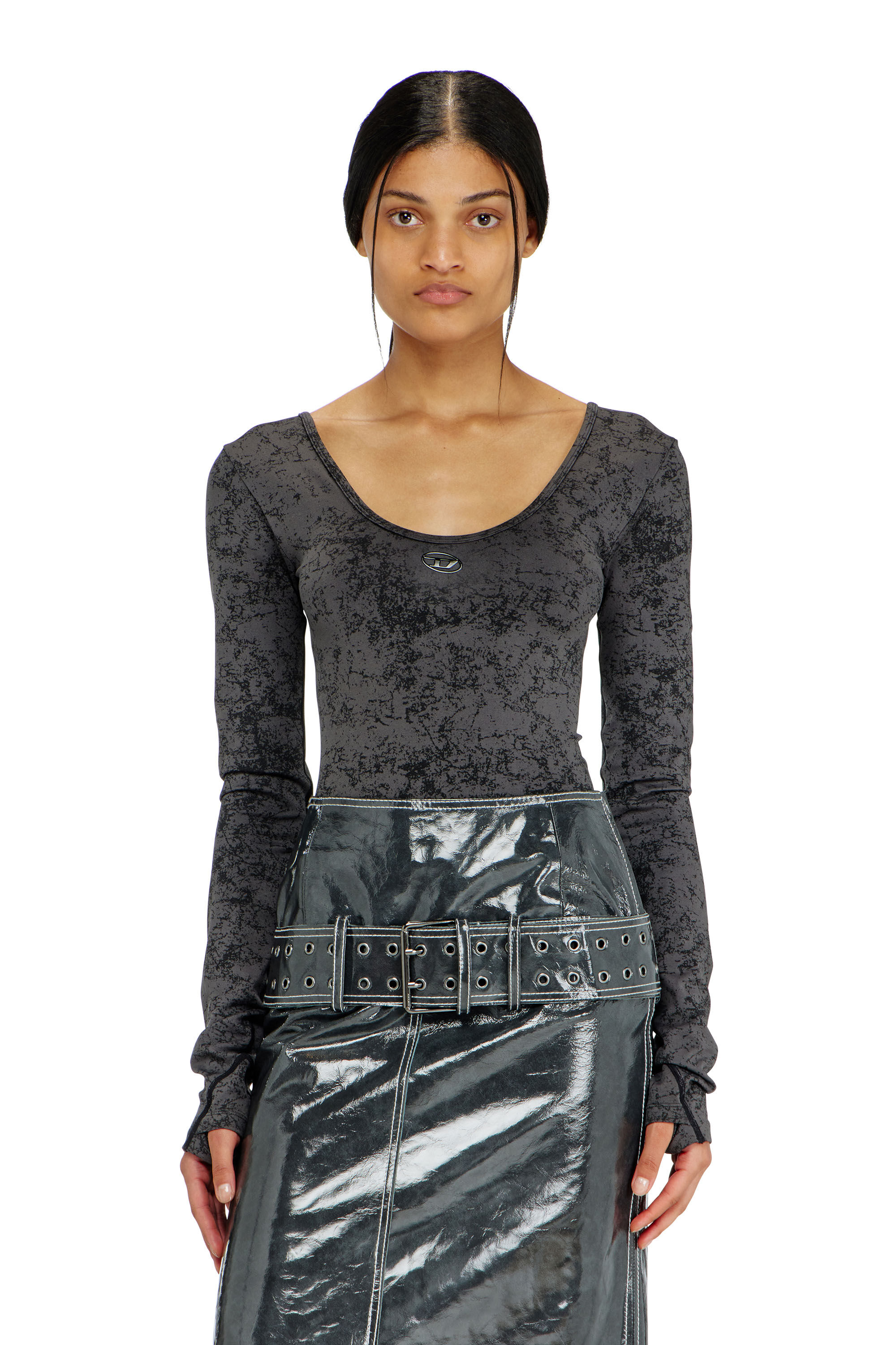 Diesel - IONNA-UTLT, Woman's Open-back bodysuit with utilitarian print in Black - 5