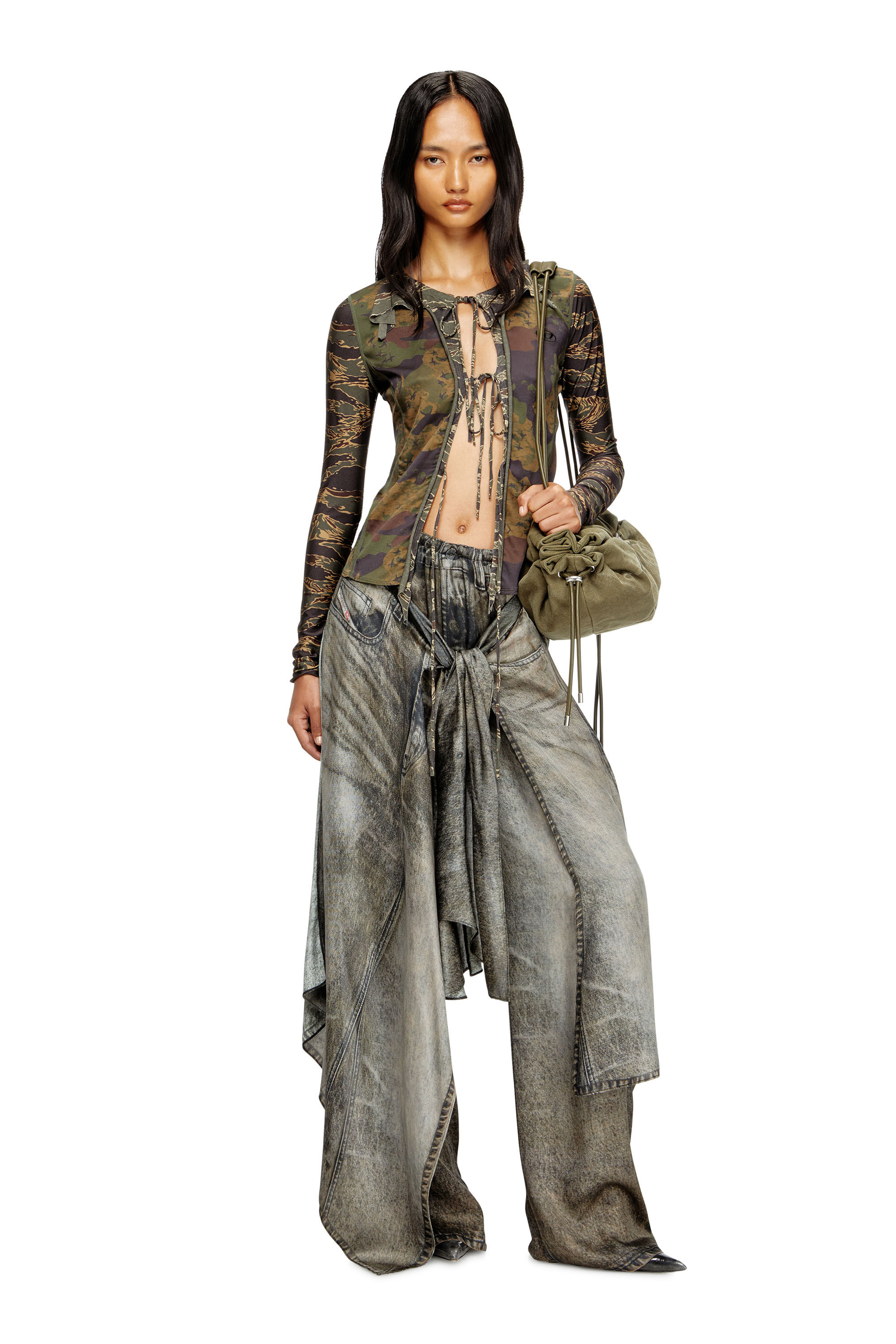 Diesel - T-AFRY, Woman's Tie cardigan with mixed camo prints in Military Green - 1