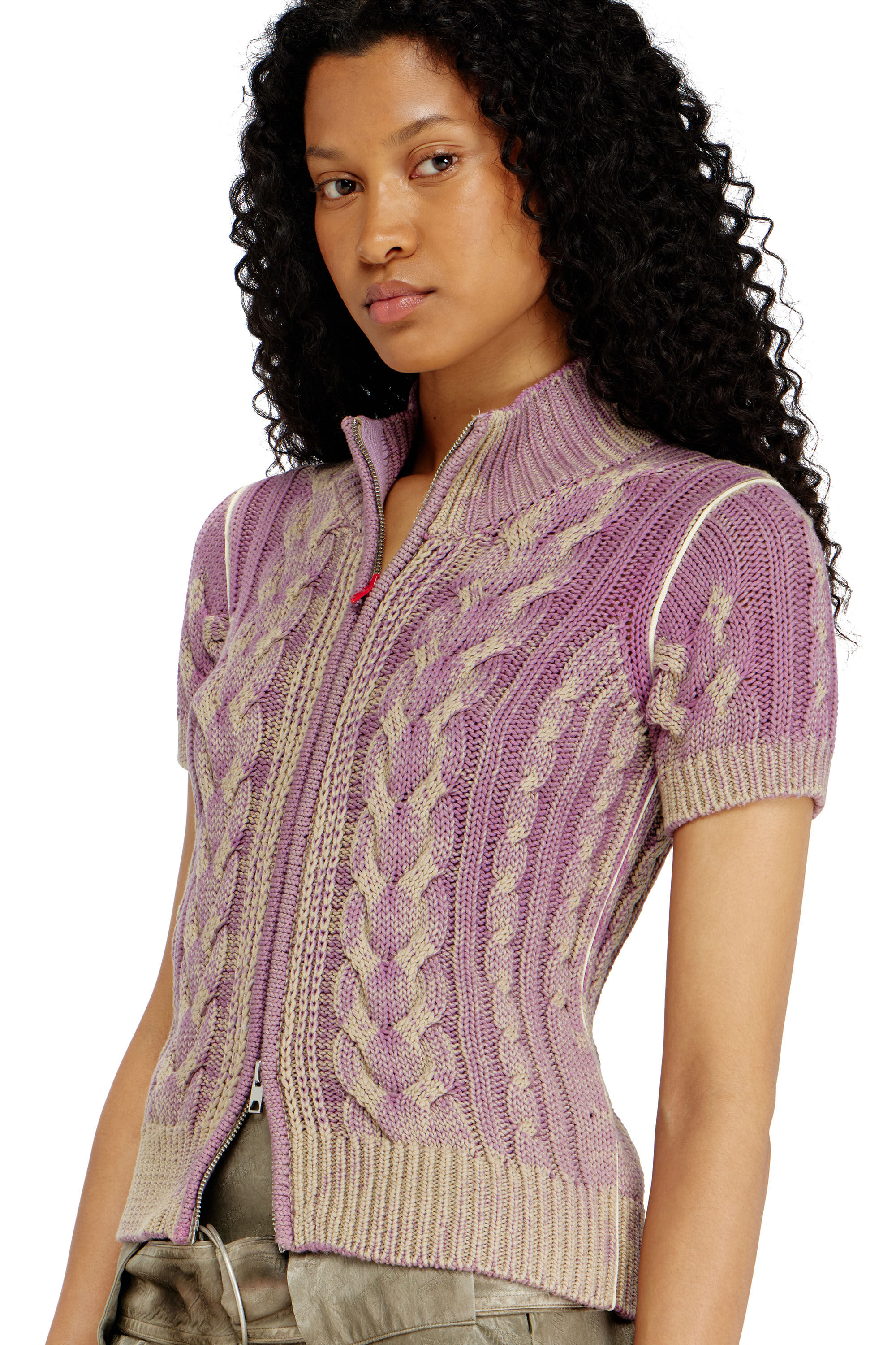 Diesel - M-ELANA, Woman's Short-sleeve zip cardigan in cable knit in Beige/Violet - 5