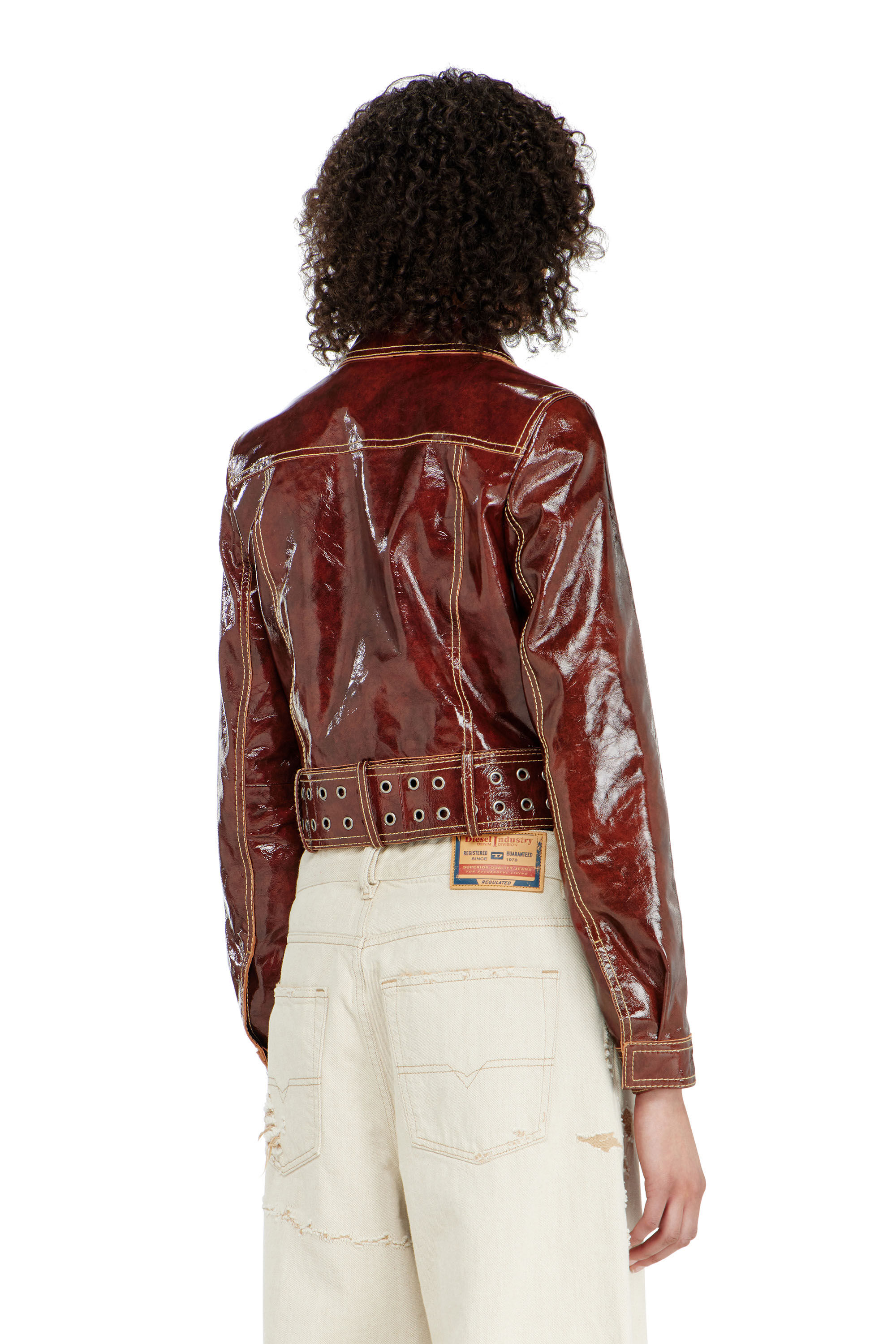 Diesel - L-EGEND, Woman's Patent-leather jacket with large belt in Brown - 4