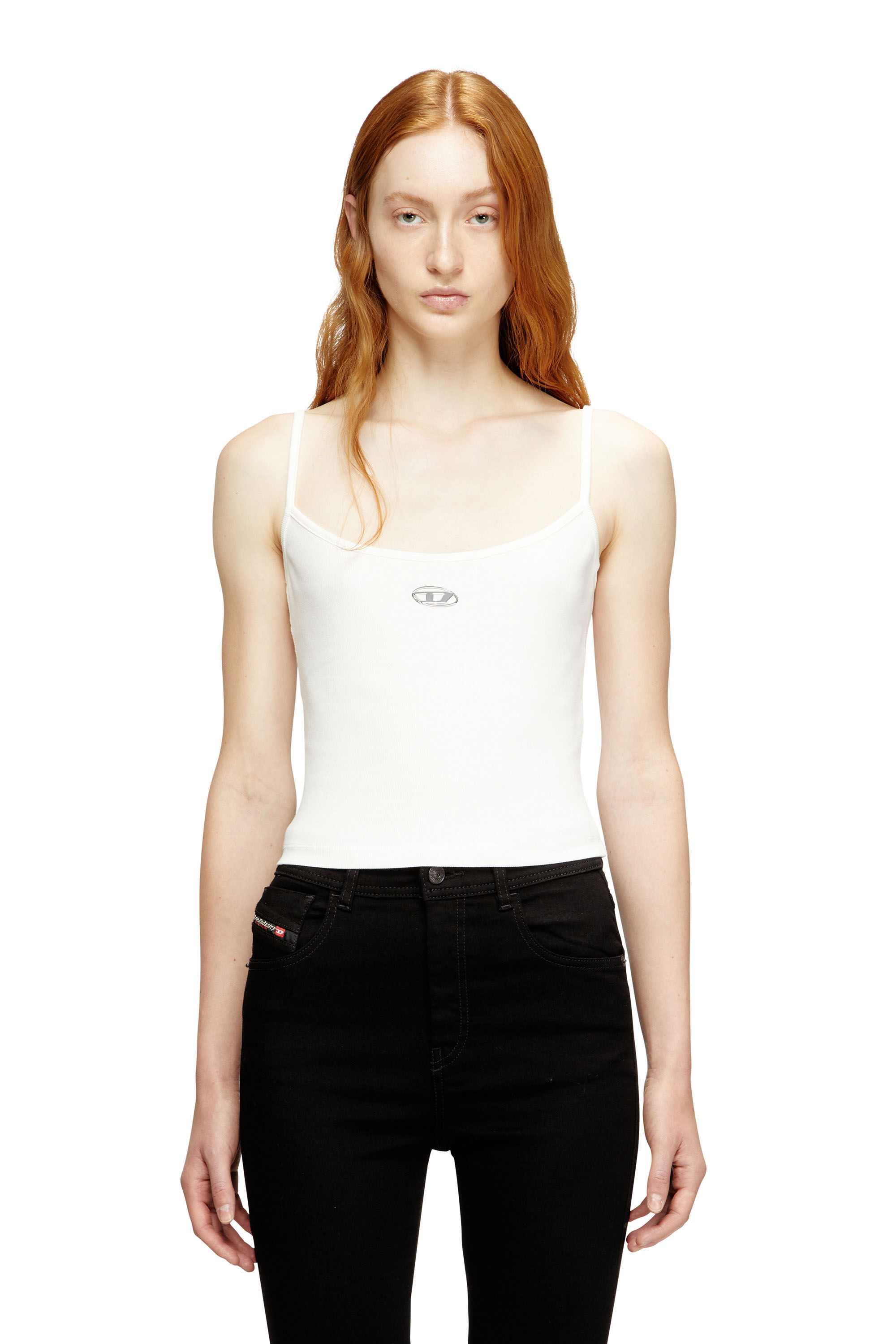 Diesel - T-HUPY-OD, Woman's Ribbed top with metallic Oval D in White - 3