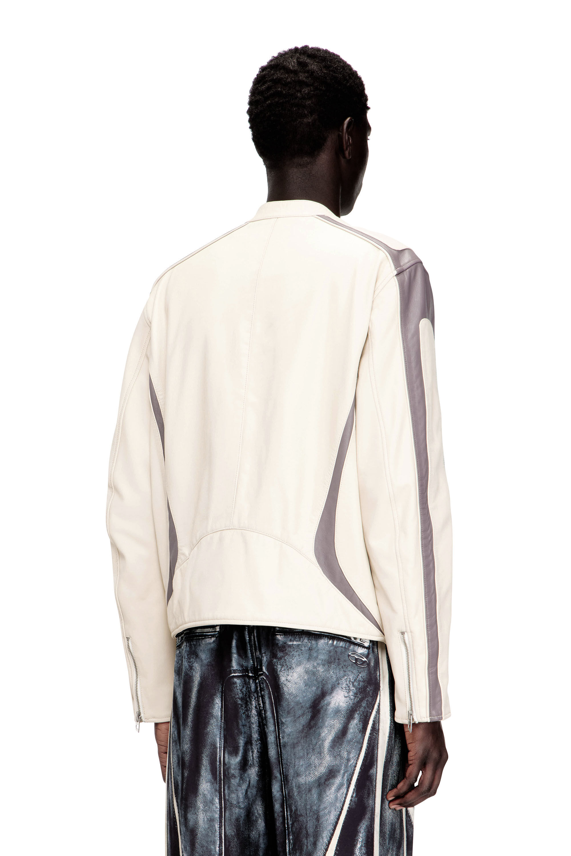Diesel - L-ADAM, Man's Colour-block leather biker jacket in Beige/Grey - 4
