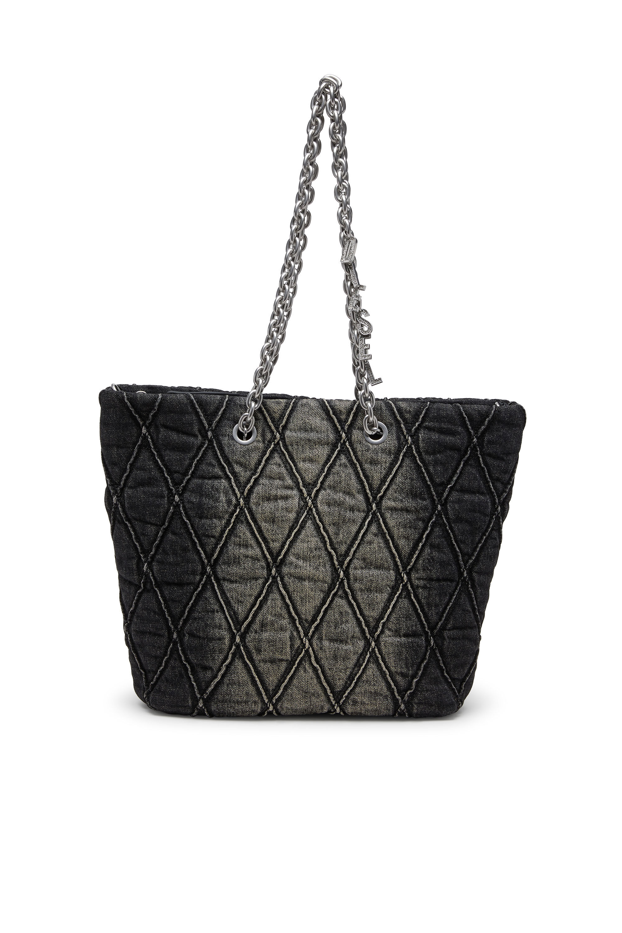 Diesel - CHARM-D SHOPPER M, Woman's Charm-D-Tote bag in treated quilted denim in Black - 2