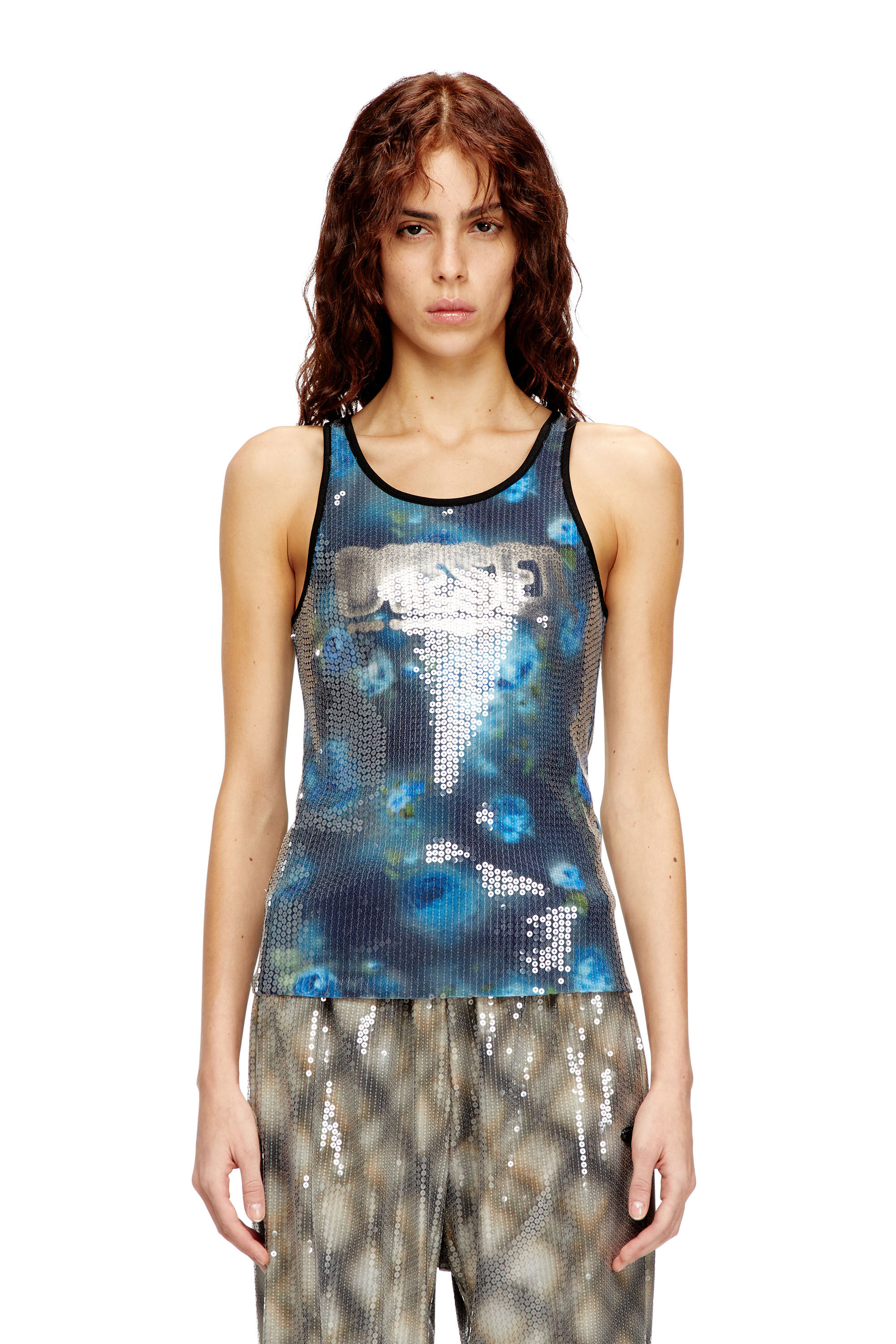 Diesel - T-UNKY, Woman's Floral print jersey top with sequins in Blue - 3