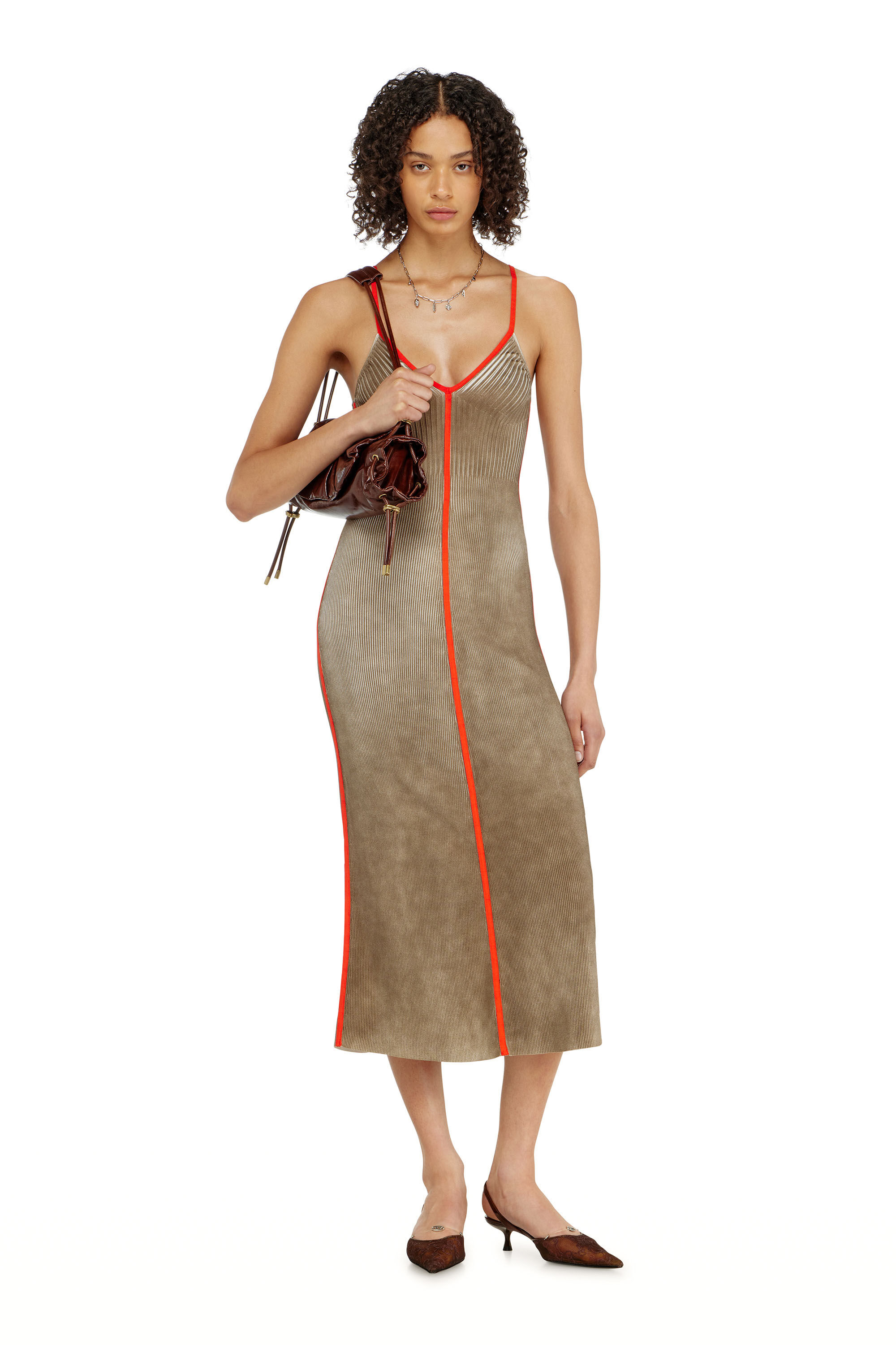 Diesel - M-SARMELA, Woman's Rib-knit midi cami dress with contrast bands in Red/Brown - 1