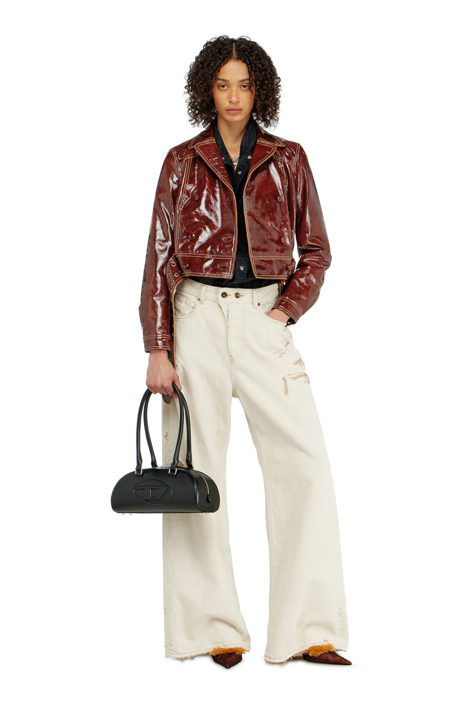 Diesel - L-EGEND, Woman's Patent-leather jacket with large belt in Brown - 1