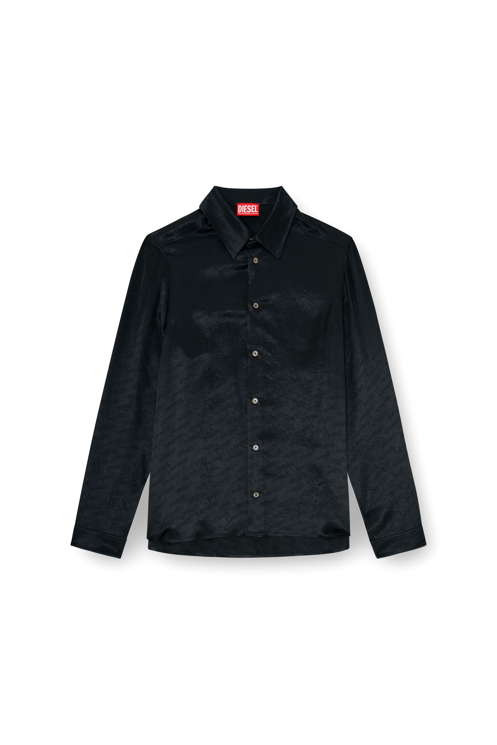 Diesel - S-KINNY-EFBZ, Man's Shirt in logo-jacquard crinkled satin in Black - 2