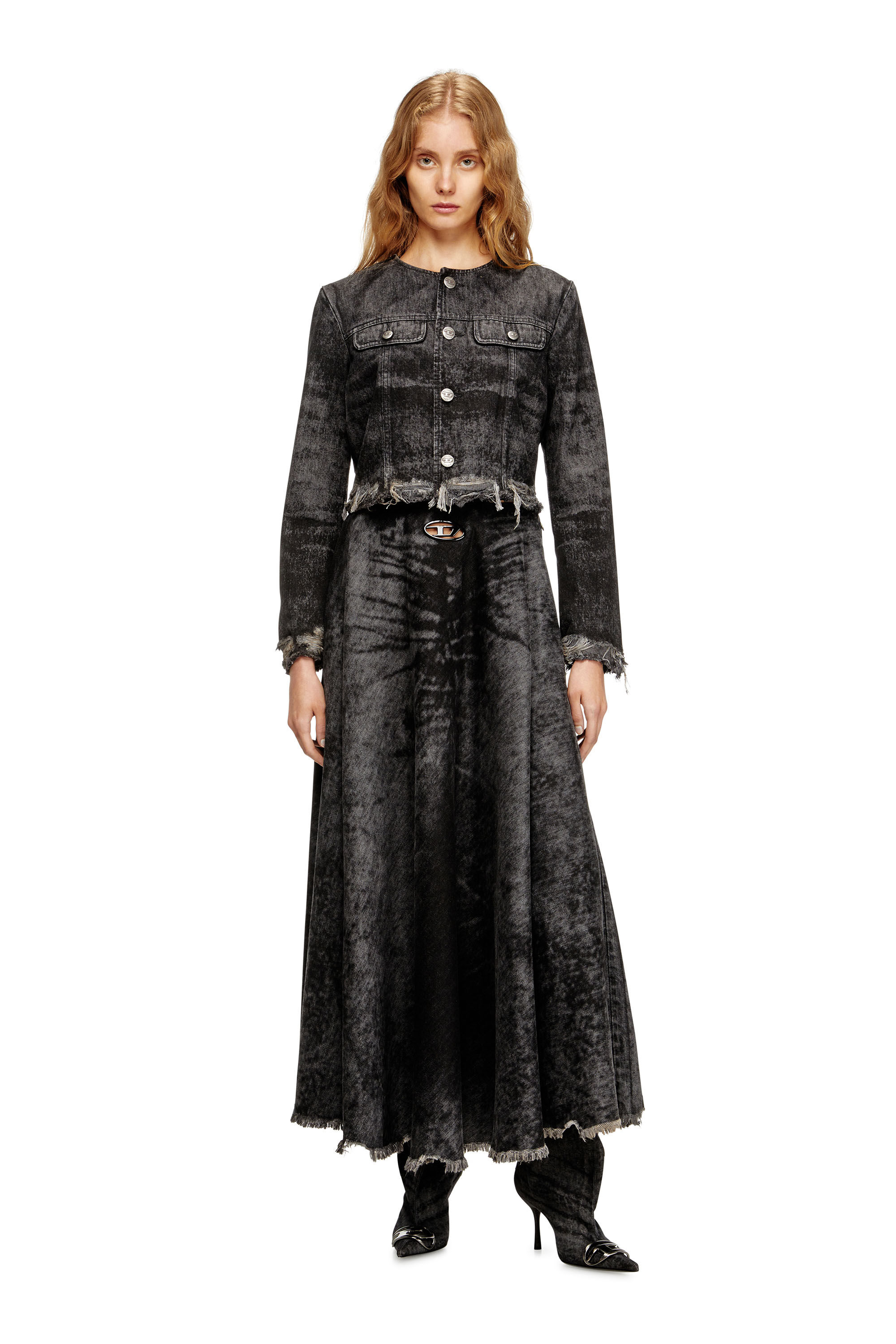Diesel - DE-HANNIE-FSH, Woman's Full skirt in lasered cotton-hemp denim in Black - 1