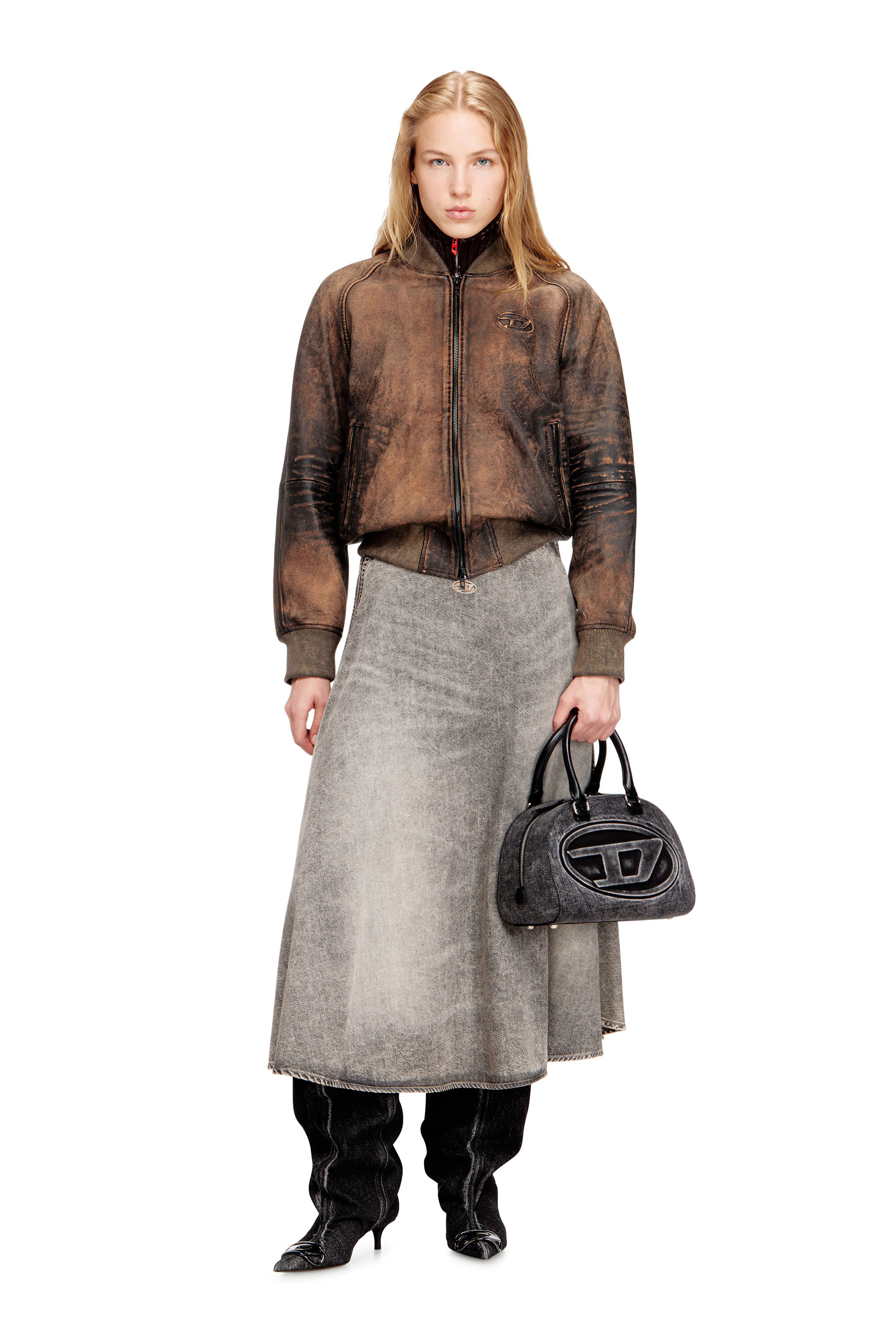 Diesel - 1DR DOME TOP HANDLE, Woman's 1DR Dome-Bowling bag in washed denim in Grey - 1