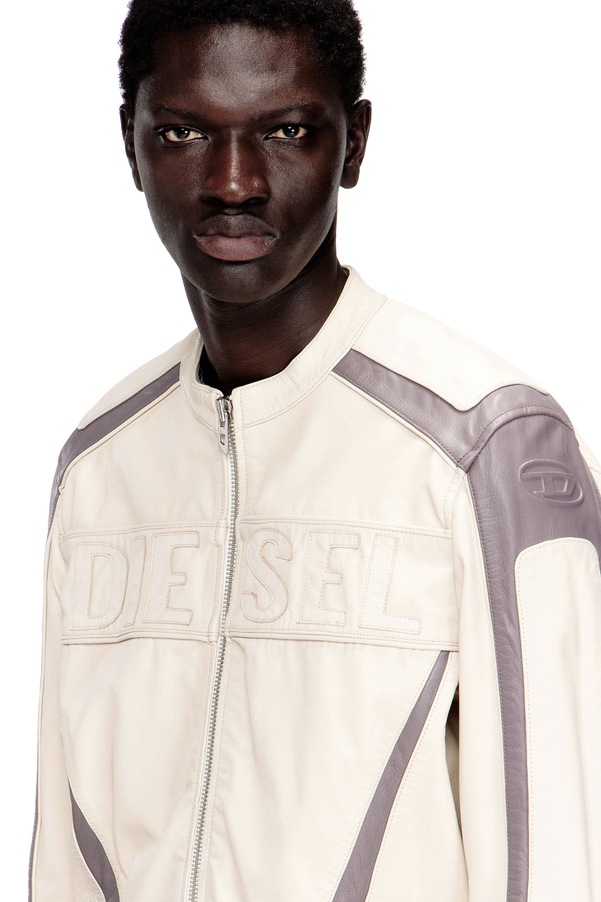 Diesel - L-ADAM, Man's Colour-block leather biker jacket in Beige/Grey - 5