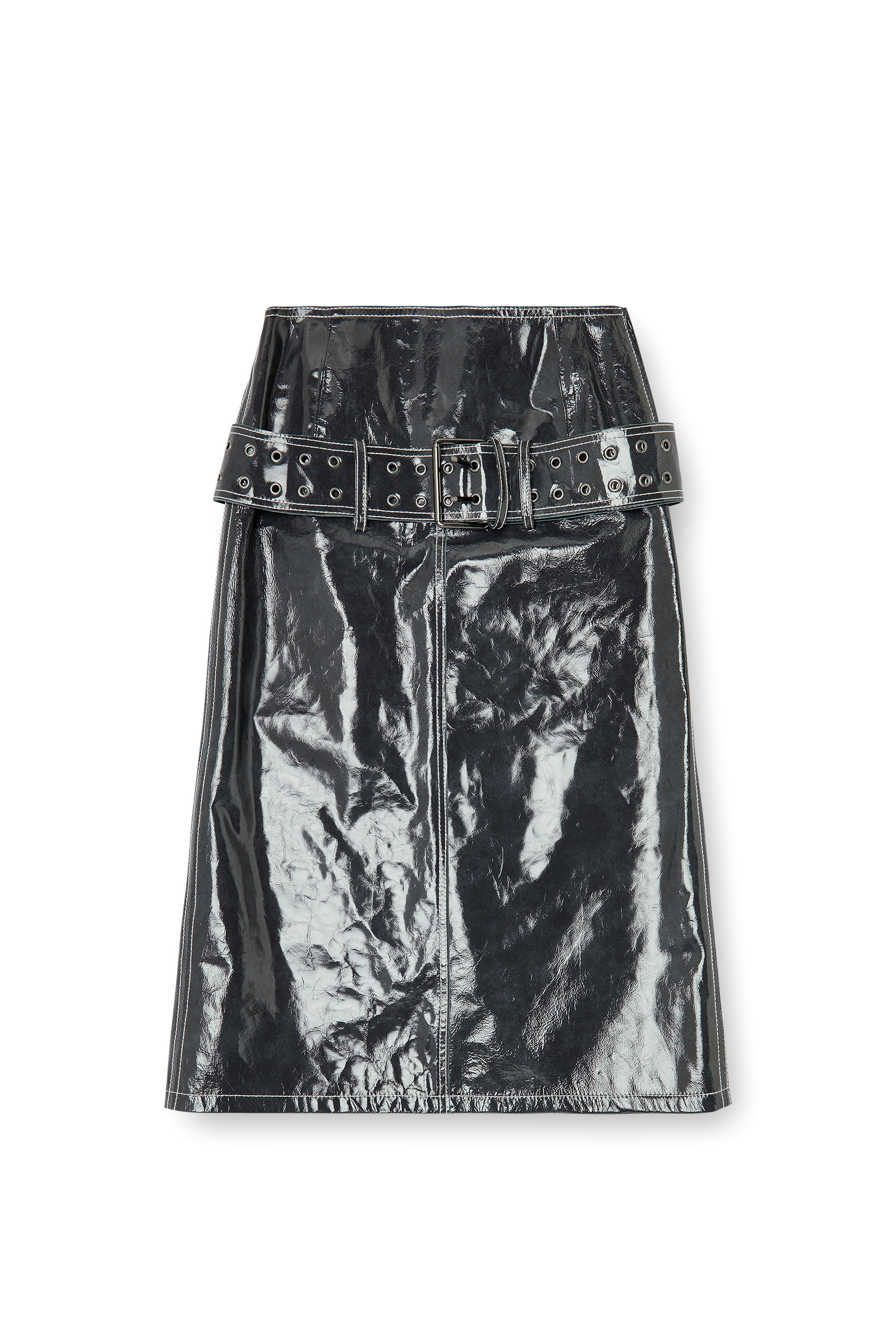 Diesel - L-ASCAR, Woman's Patent-leather midi skirt with belt in Dark grey - 2