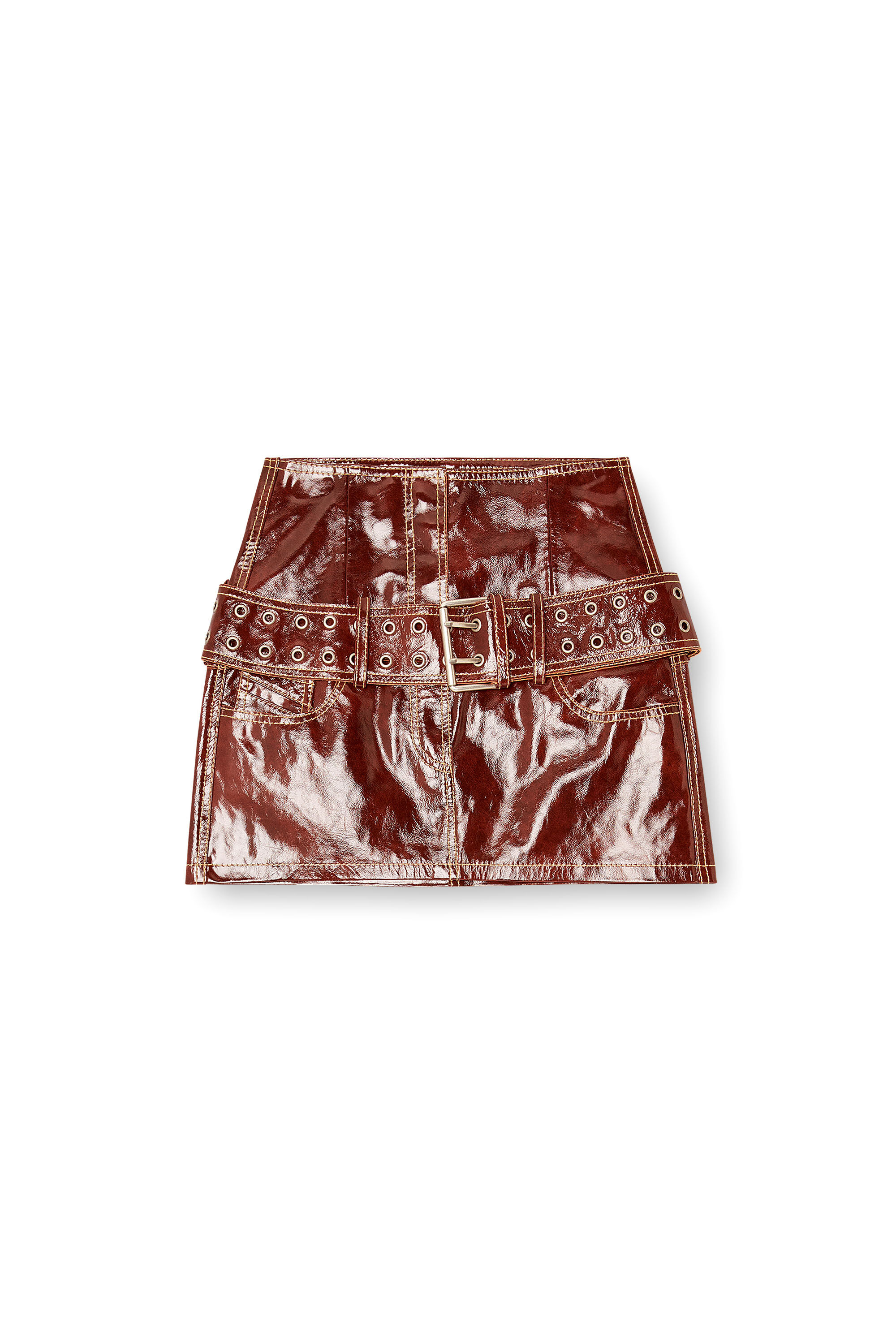 Diesel - L-EVANT, Woman's Patent-leather miniskirt with belt in Brown - 2