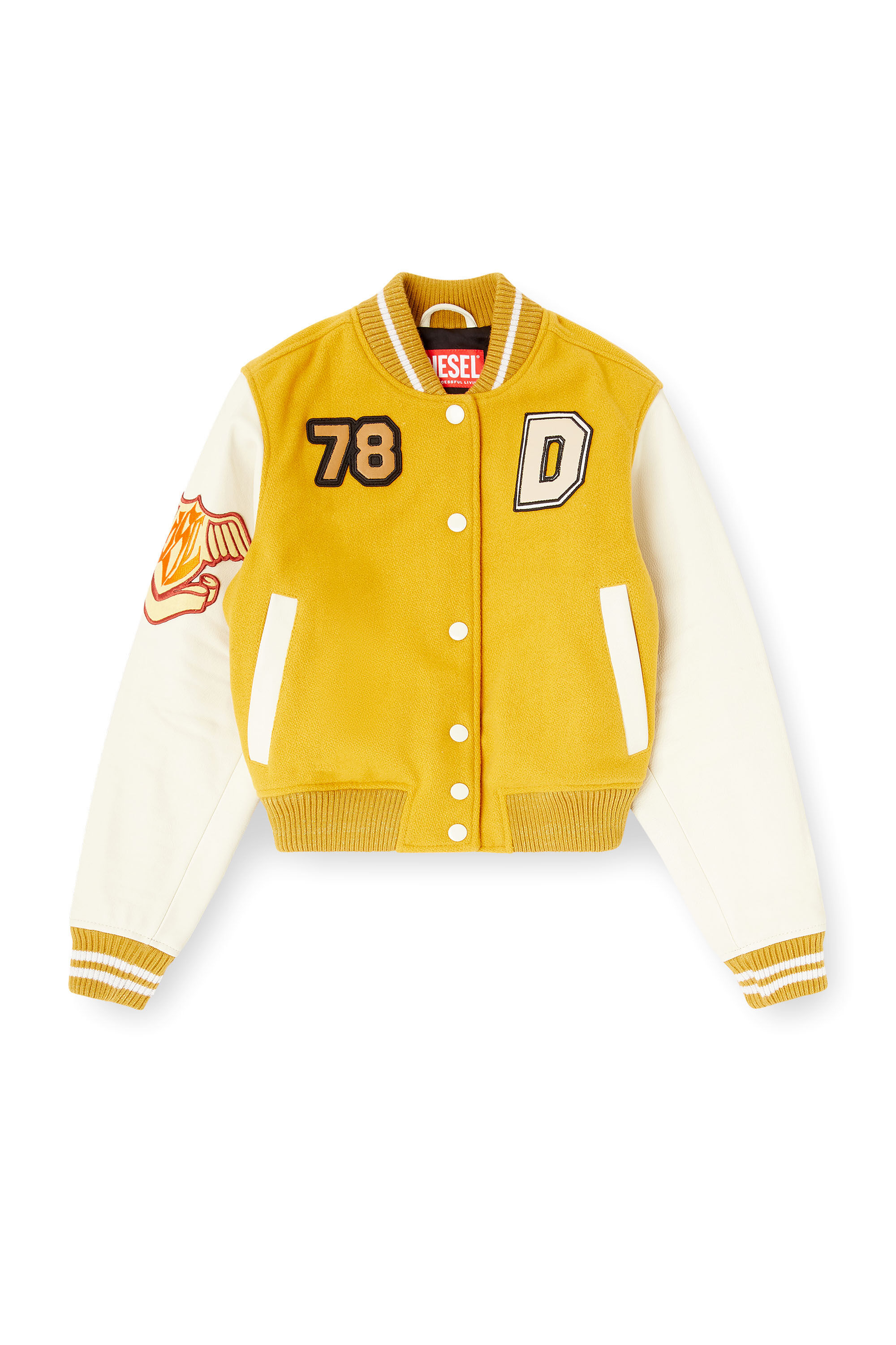 Diesel - L-REAL-CP, Woman's Cropped varsity jacket in wool and leather in White/Yellow - 2