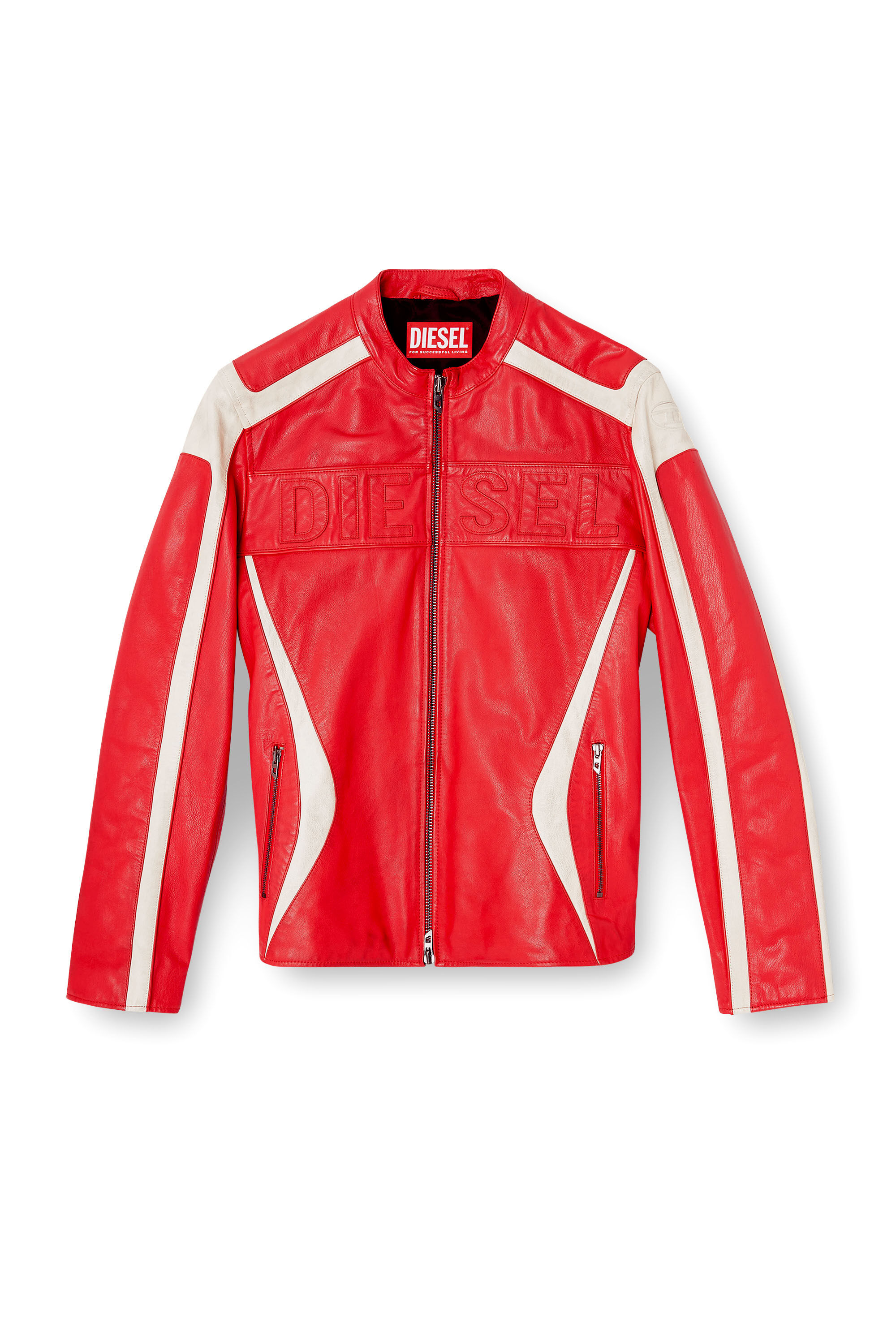 Diesel - L-ADAM, Man's Colour-block leather biker jacket in Red/White - 2