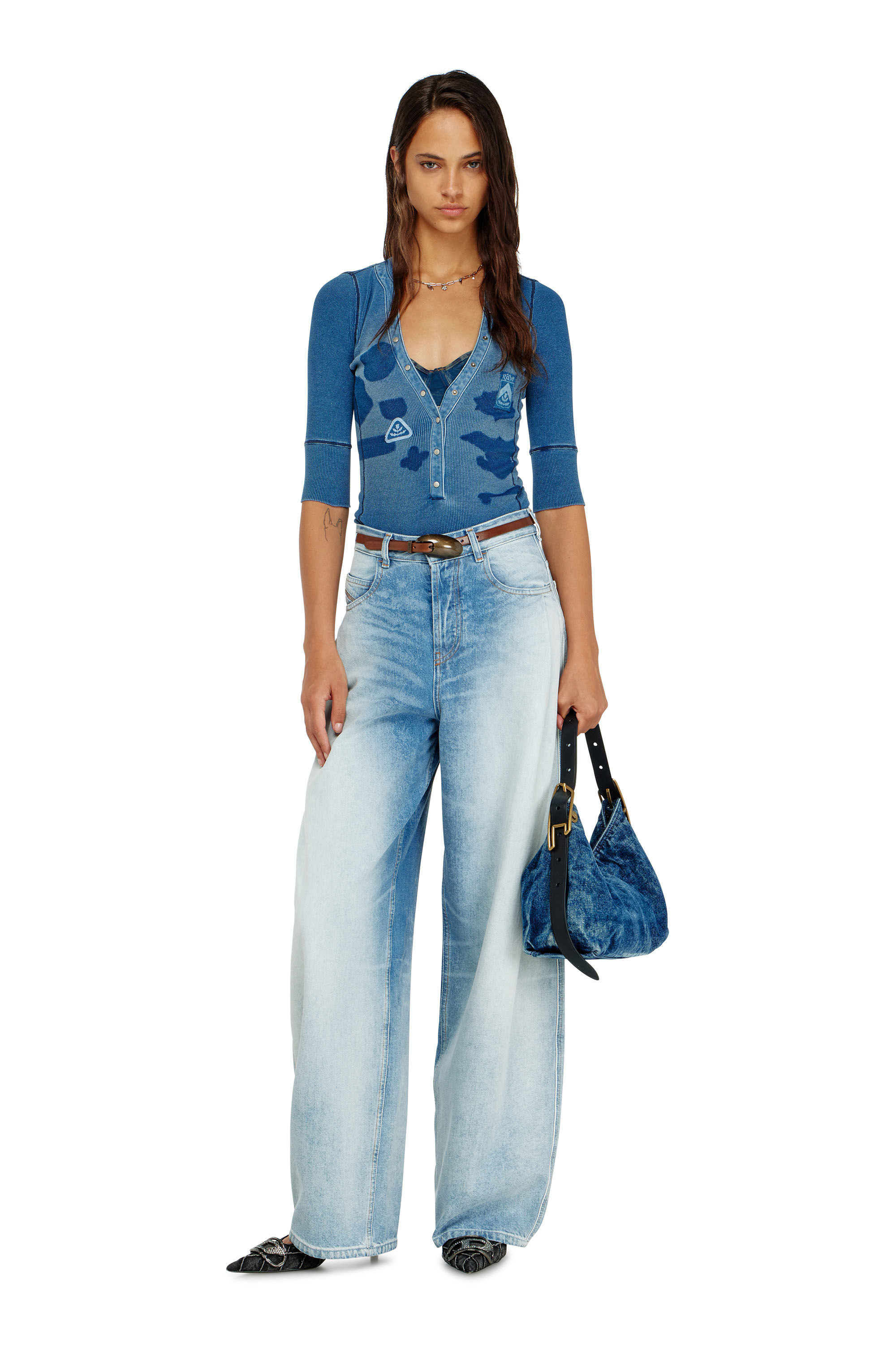 Diesel - T-EREME, Woman's Henley top with shadow-patch effects in Medium blue - 1