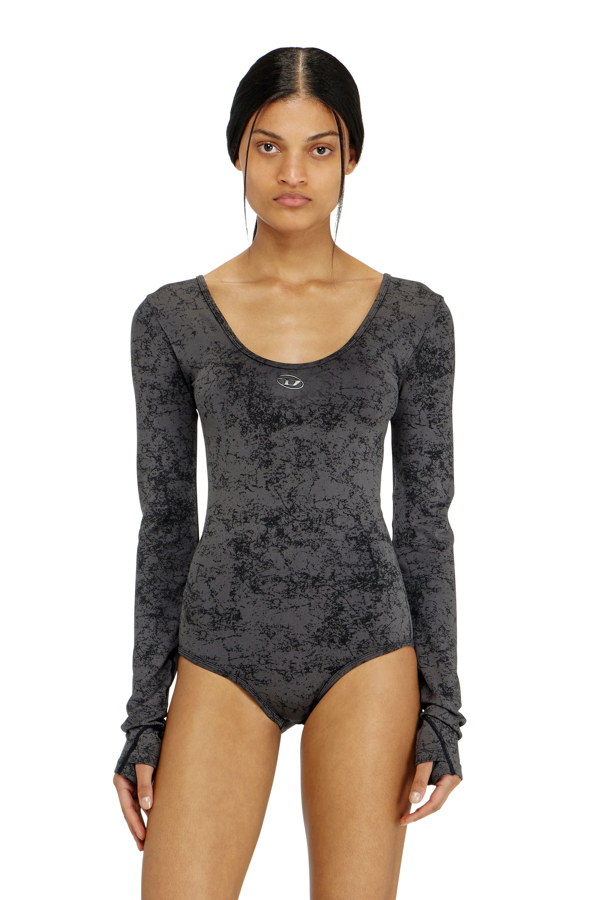 Diesel - IONNA-UTLT, Woman's Open-back bodysuit with utilitarian print in Black - 3