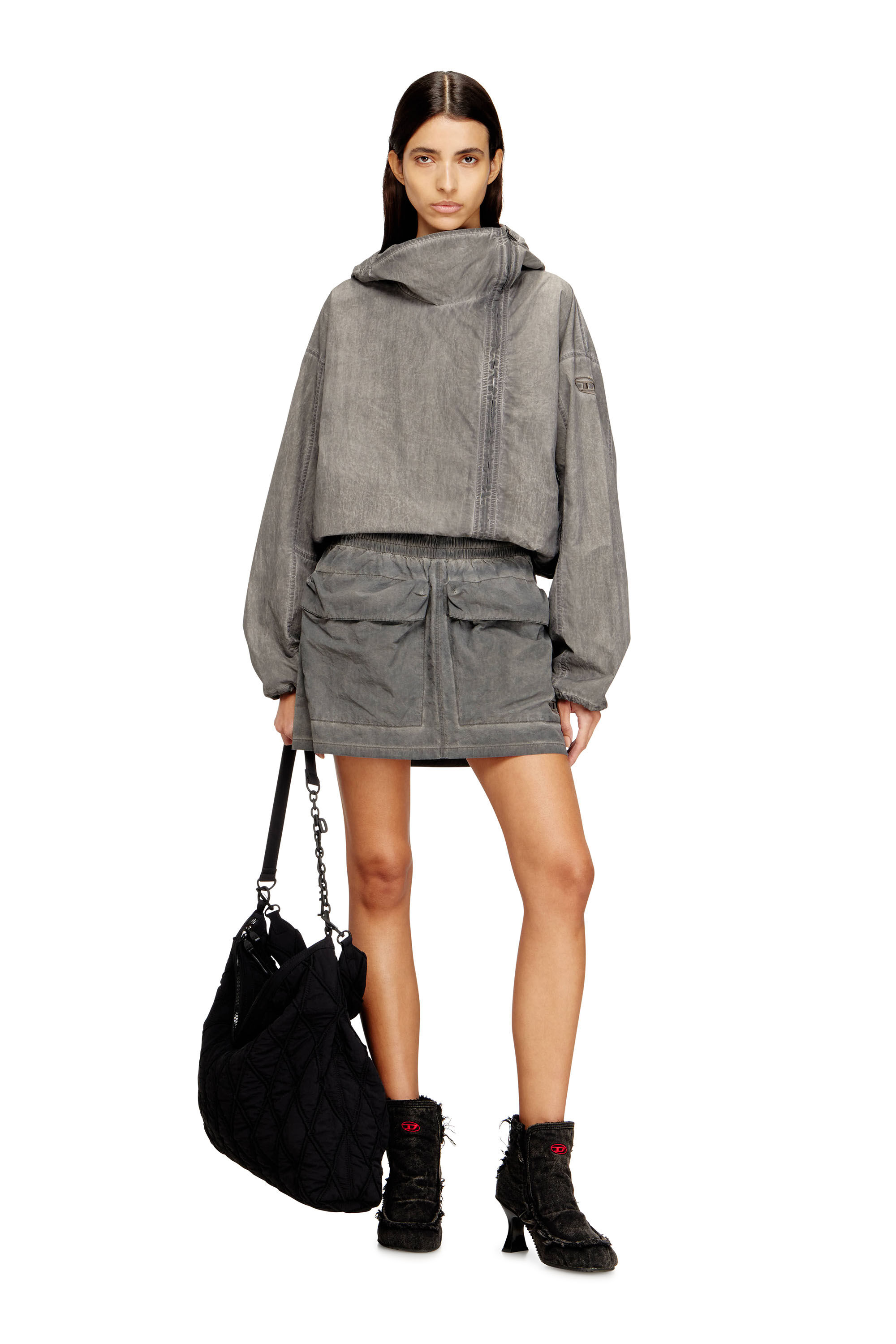 Diesel - O-CEAN-S1, Woman's Nylon mini skirt with maxi pouch pockets in Grey - 1