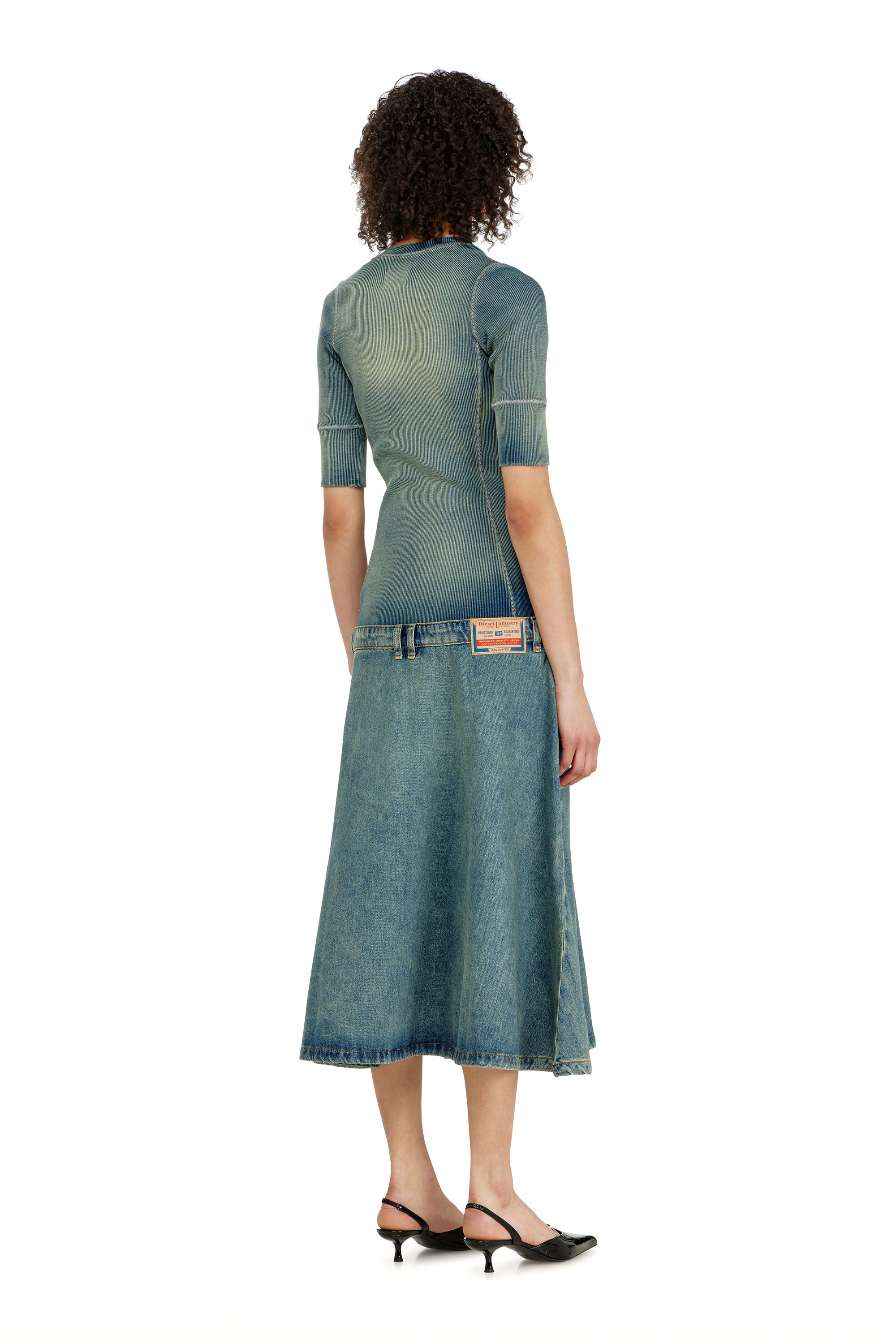 Diesel - DE-ANIM-S, Woman's Drop-waist midi dress in knit and denim in Medium blue - 4