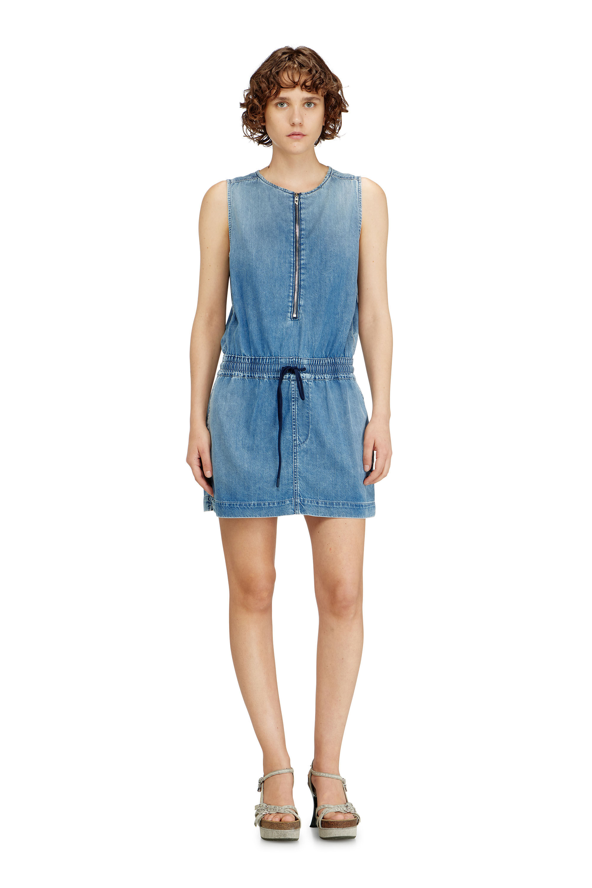 Diesel - DE-SLAM-S, Woman's Fluid denim dress with drawstring waist in Melange Blue - 3