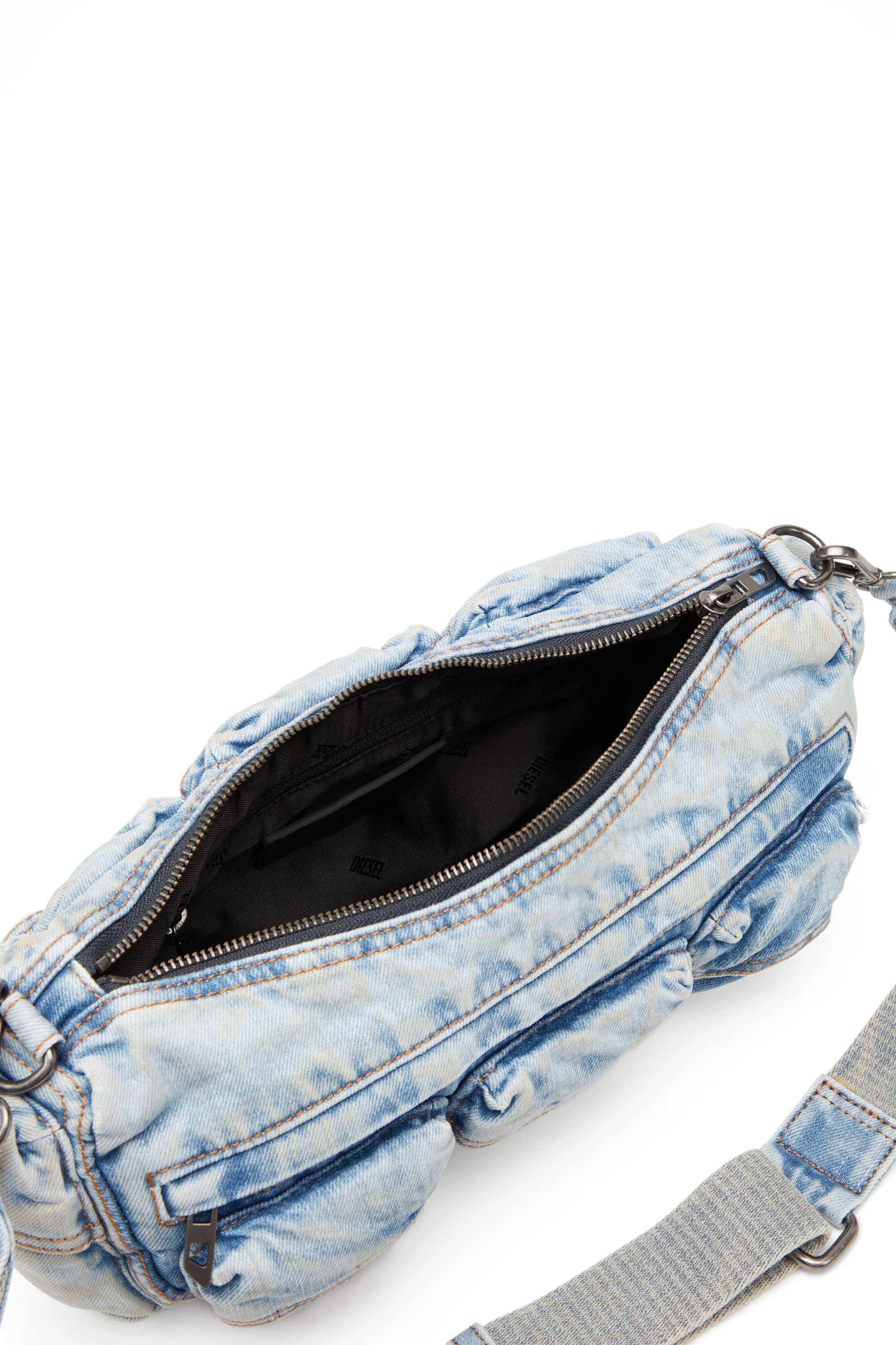 Diesel - RE-EDITION TRAVEL 3000 SHOULDER BAG X, Unisex's Travel 3000-Multipocket bag in treated denim in Light Blue - 4