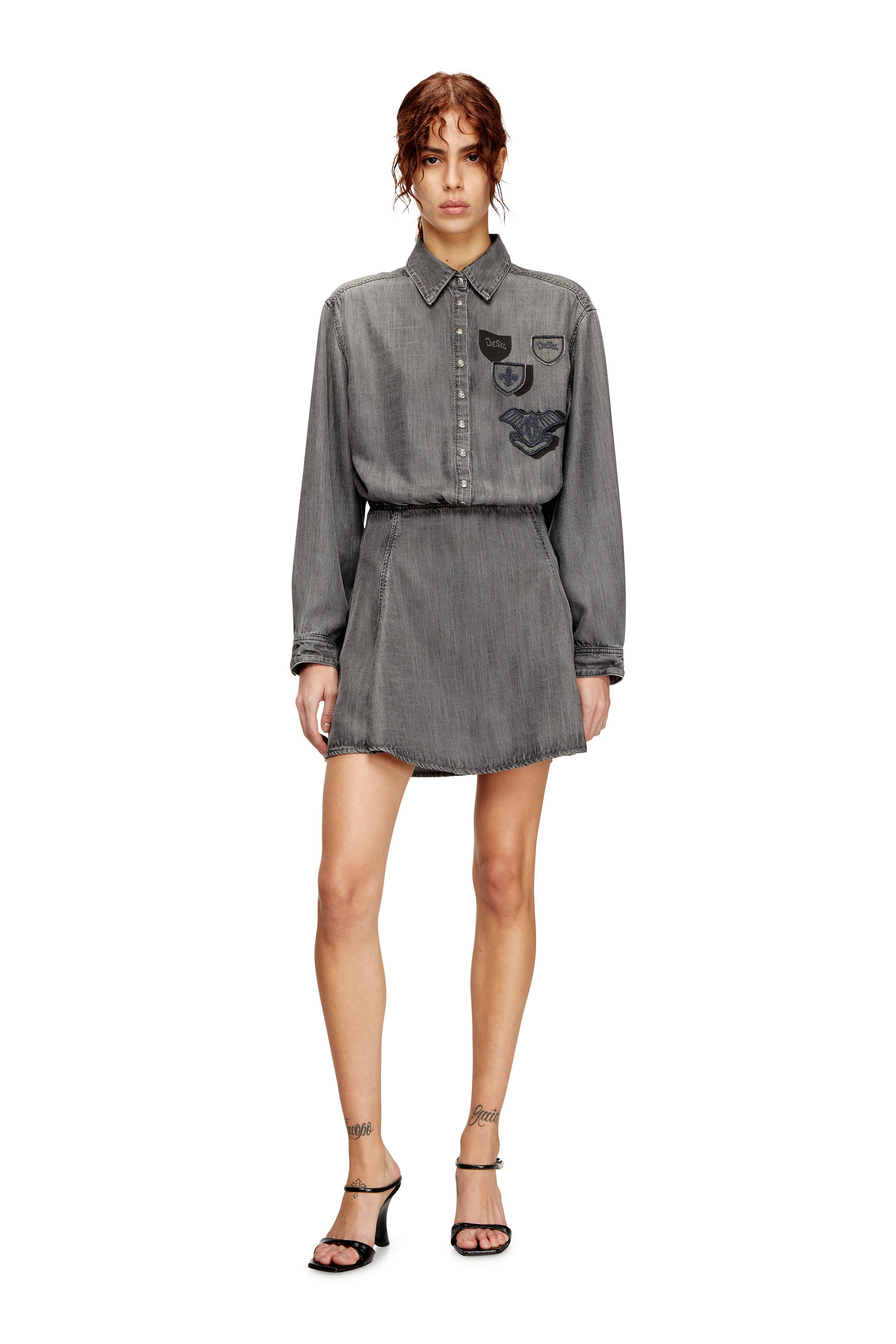 Diesel - DE-DREVIA-S, Woman's Denim dress with embroidered patches in Grey - 3
