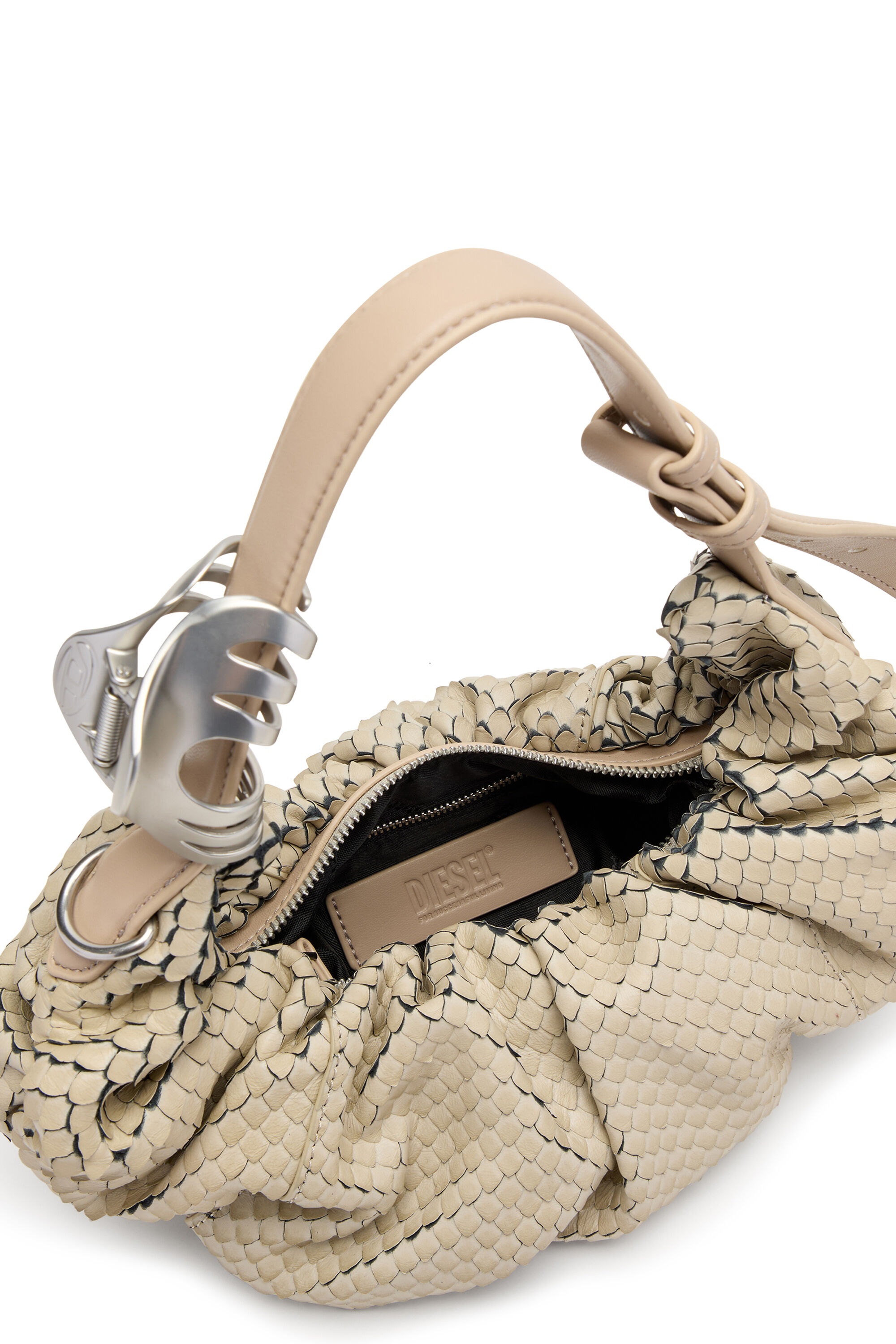Diesel - GRAB-D HOBO S, Woman's Grab-D-Small scrunched hobo bag in snake-effect leather in Beige - 6