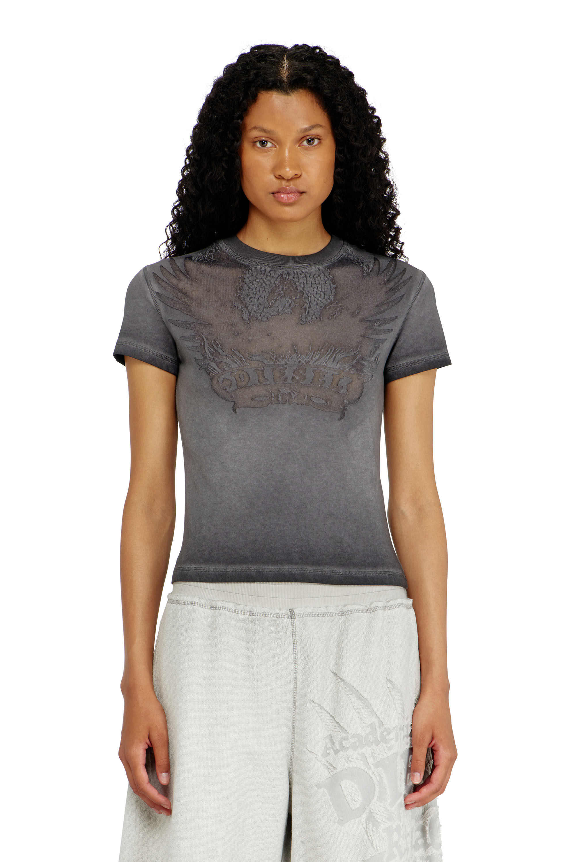 Diesel - T-ILA-AA7, Woman's Slim T-shirt with d&eacute;vor&eacute; Phoenix in Dark grey - 3