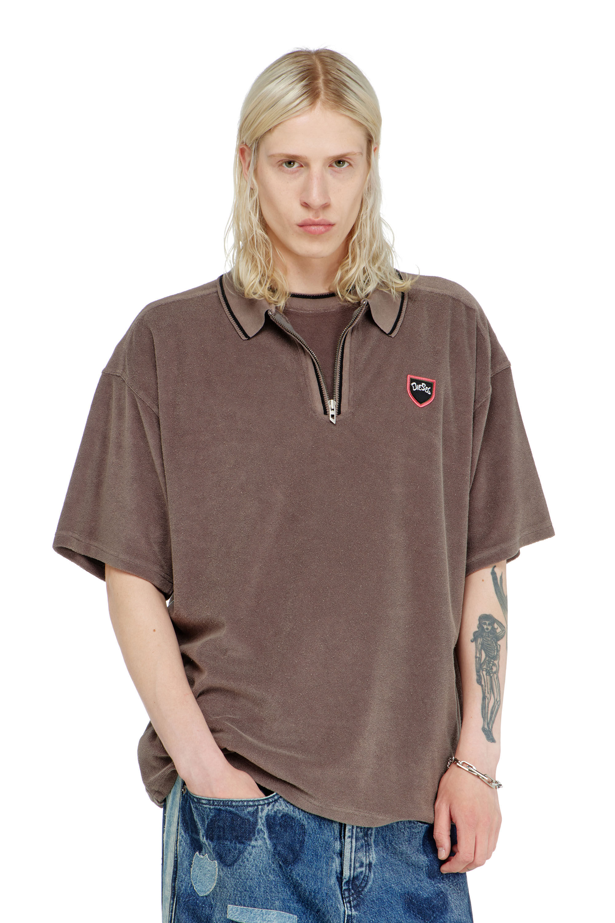 Diesel - T-SPONGY-ZIP, Man's Chenille polo shirt with shield patch in Brown - 3