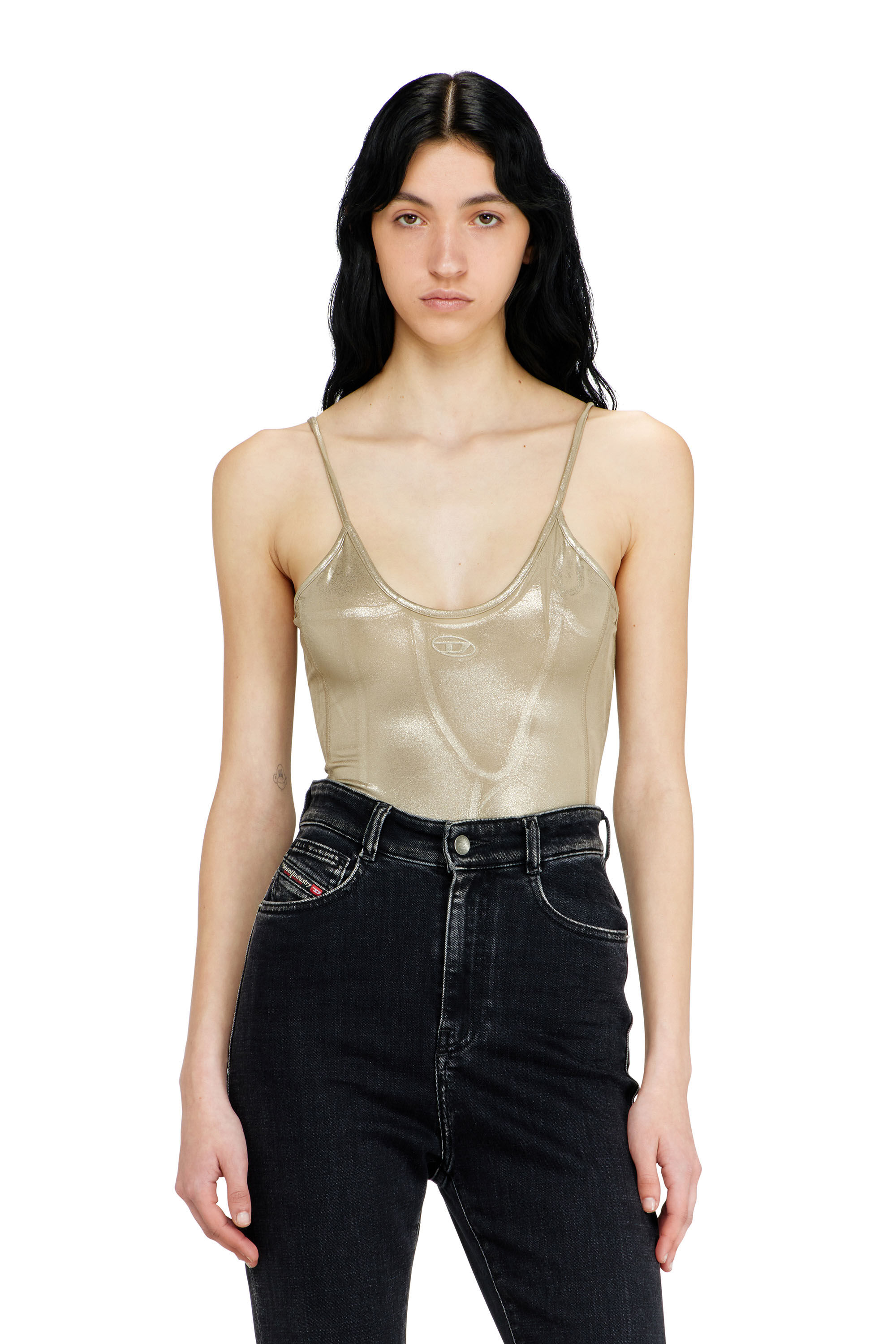 Diesel - T-IMYNY, Woman's Shiny jersey bodysuit with round neck in Beige - 3