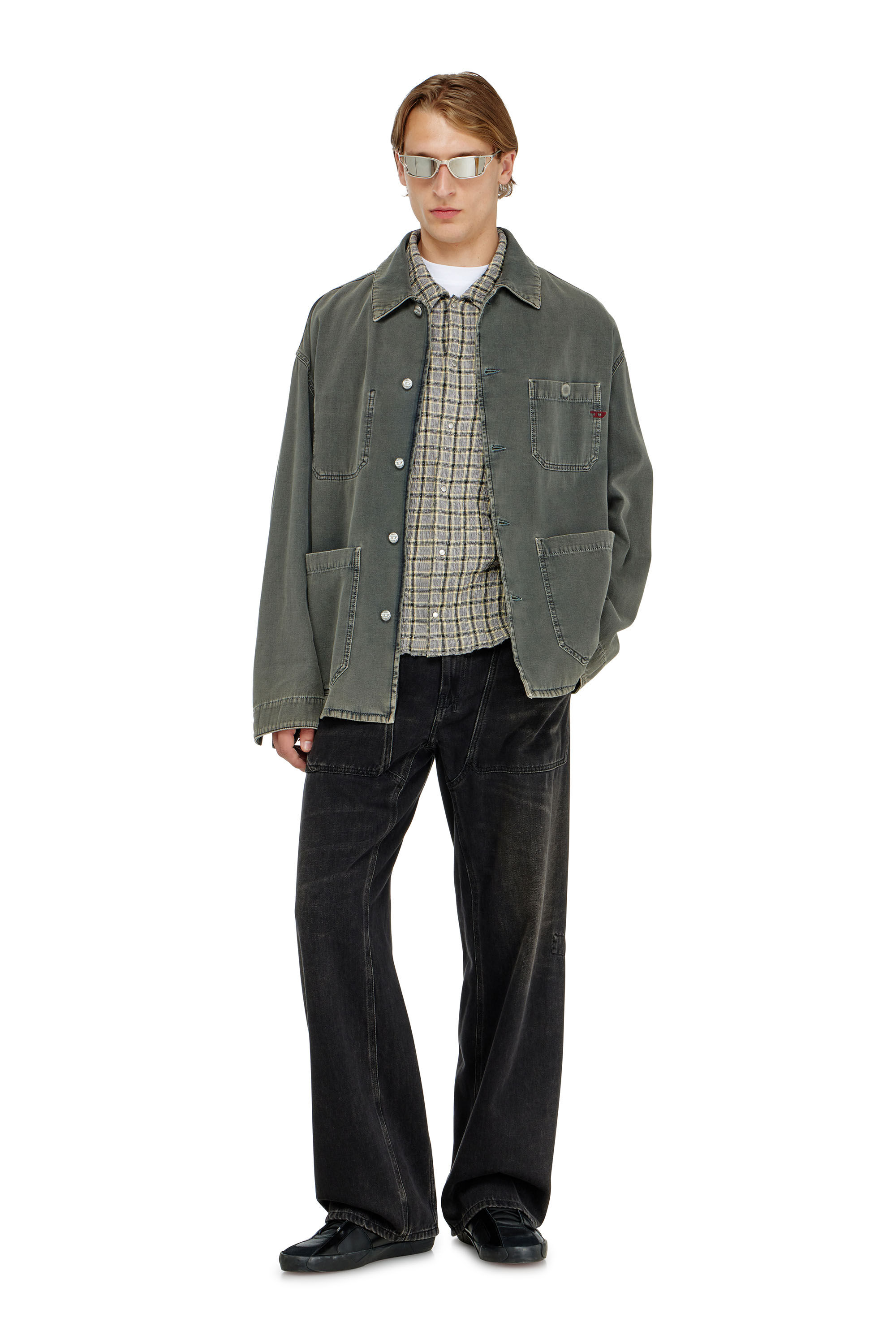 Diesel - S-SEERK, Man's Check shirt with seersucker effect in Green/Grey - 1
