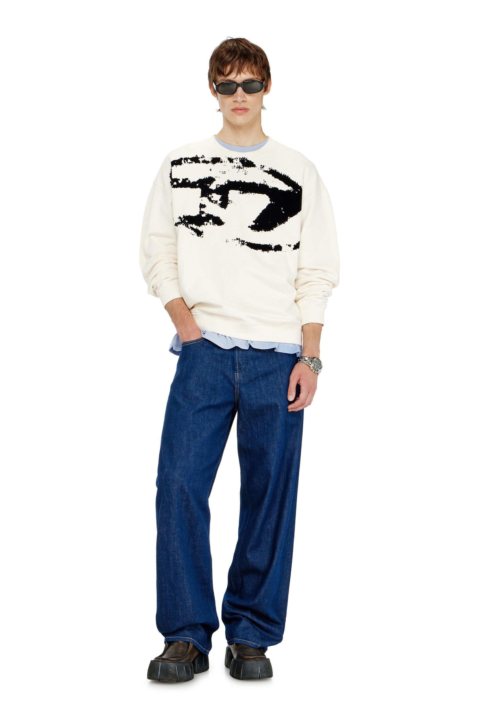 Diesel - S-BOXT-N5, Man's Cotton sweatshirt with flocked Oval D in Black/White - 1