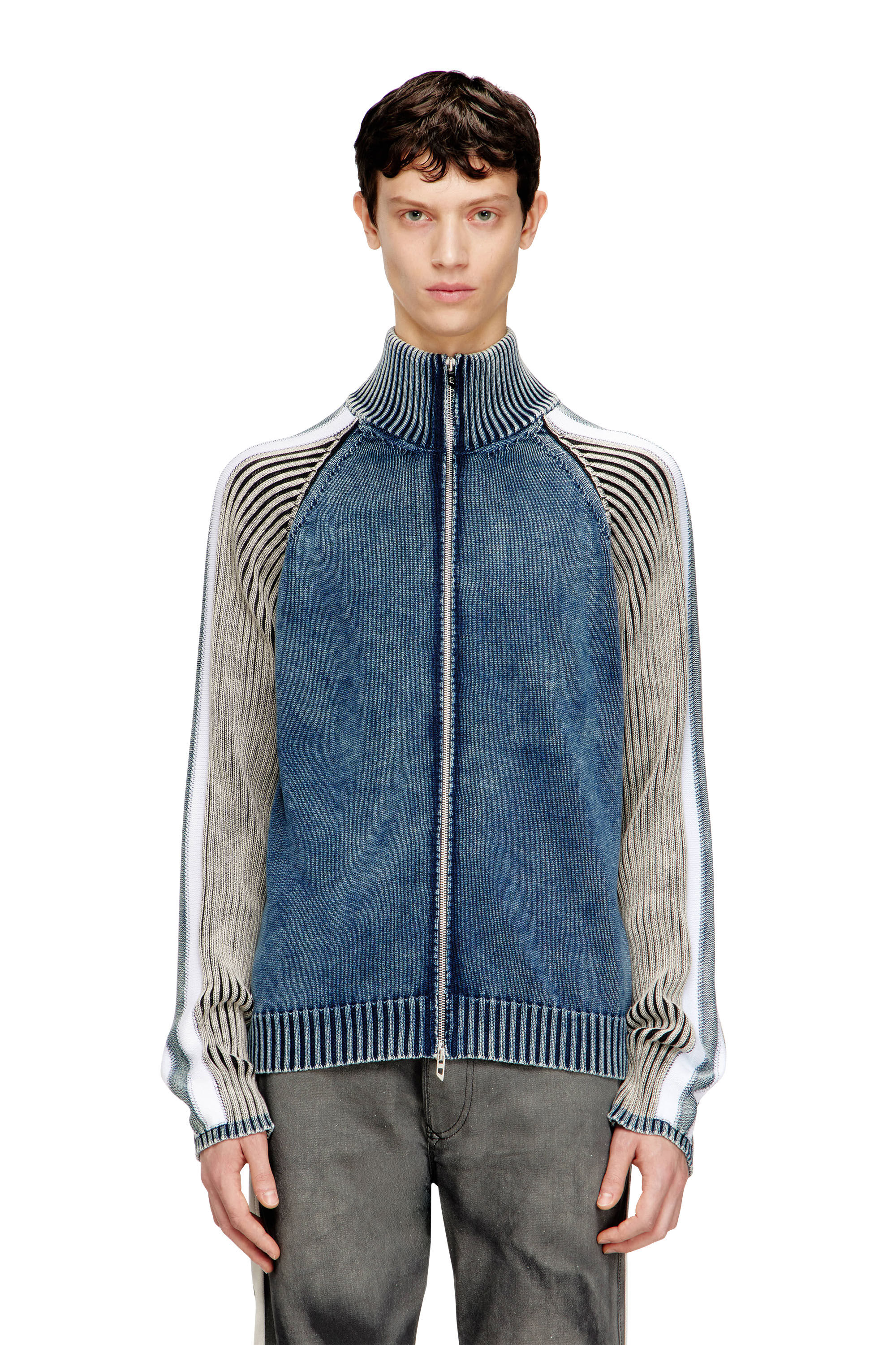Diesel - K-HERONIMO, Man's Zip-up cardigan with sporty bands in Blue/Grey - 3