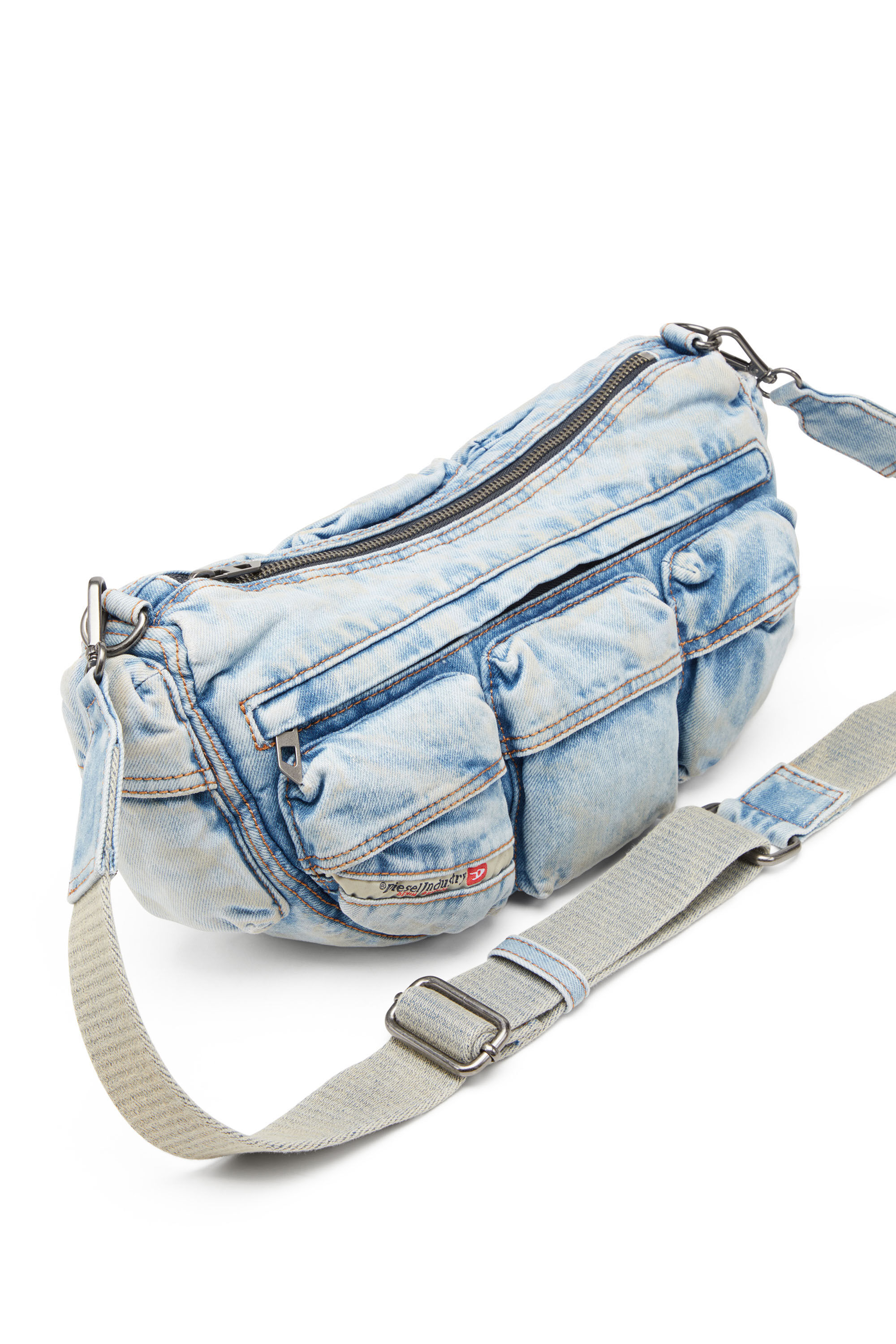 Diesel - RE-EDITION TRAVEL 3000 SHOULDER BAG X, Unisex's Travel 3000-Multipocket bag in treated denim in Light Blue - 5