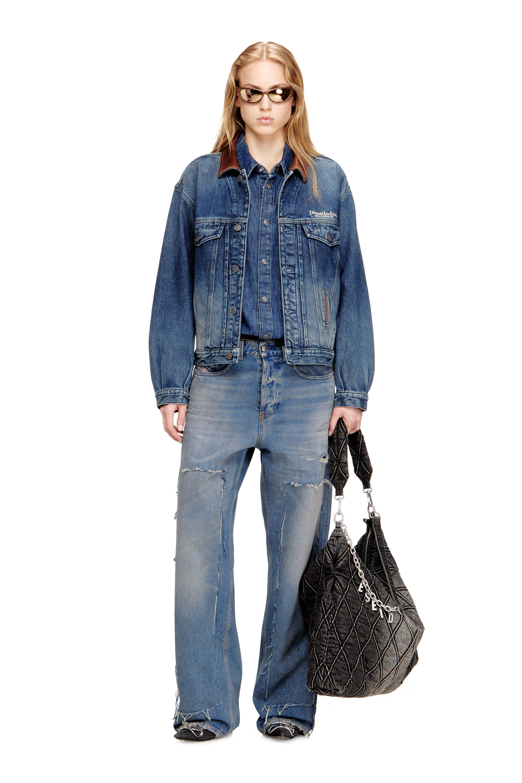 Diesel - D-DENVER-S1, Unisex's Denim trucker jacket with contrast leather trims in Blue - 7