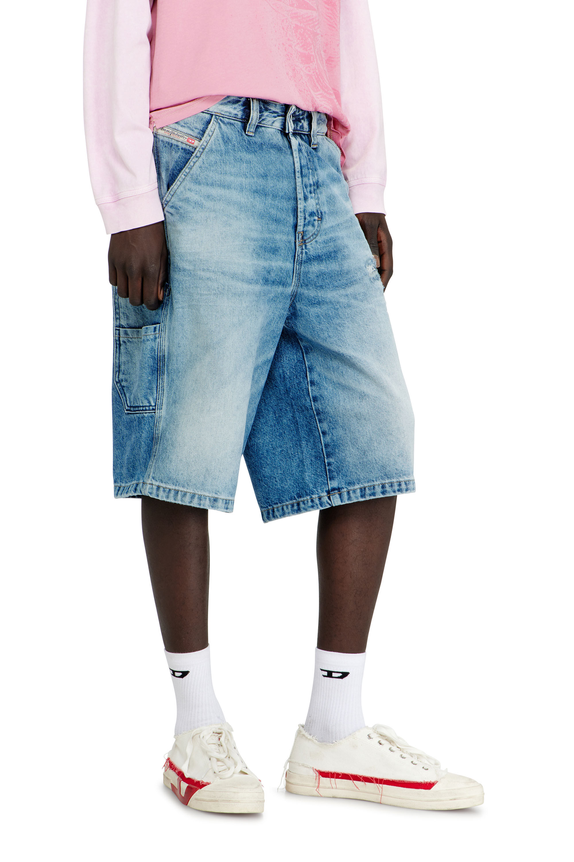 Diesel - D-LIVERY-W-SHORT, Man's Relaxed shorts in fluid denim with abrasions in Light Blue - 5
