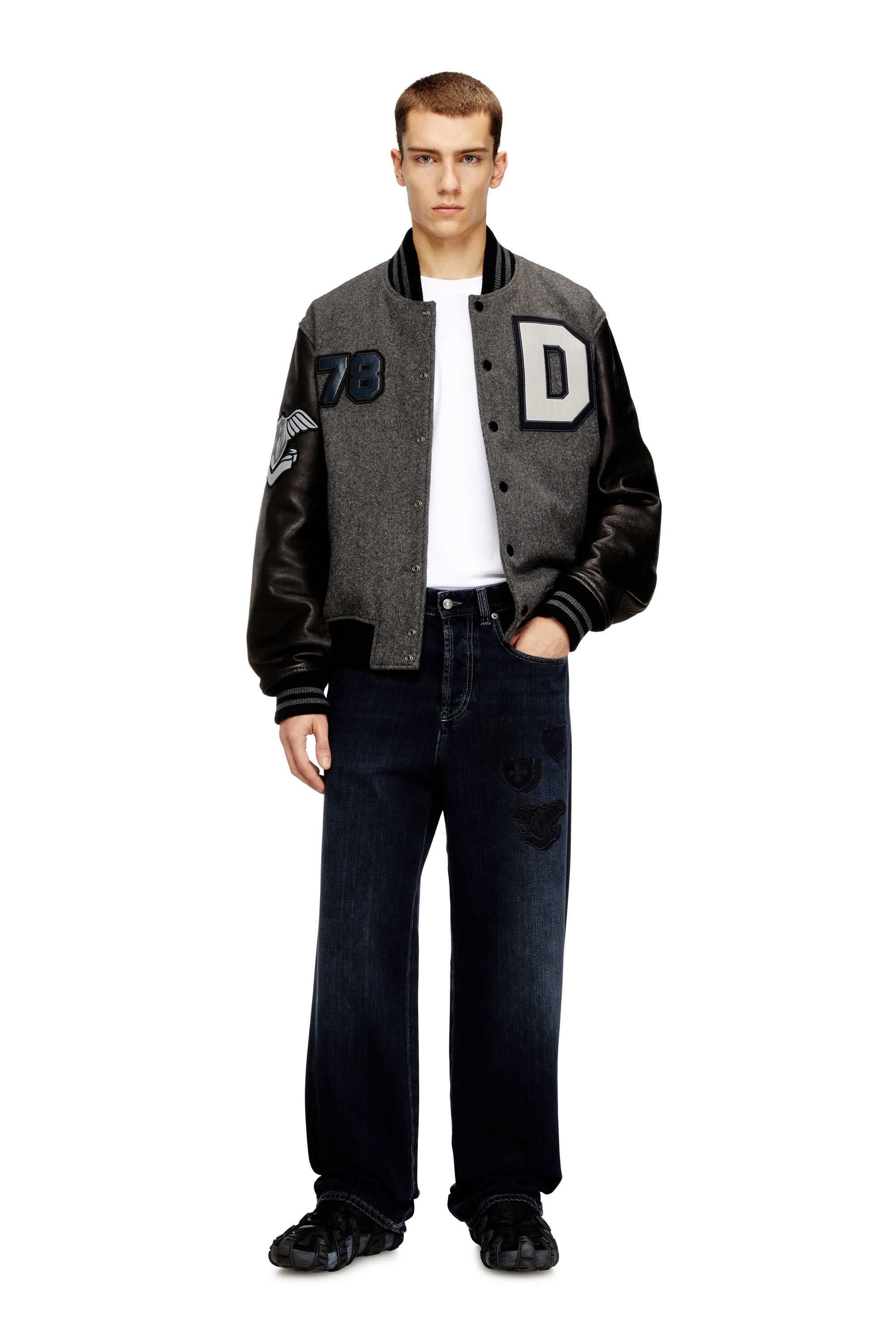 Diesel - L-ARRY-CP, Man's Varsity jacket in wool and leather in Black/Grey - 1