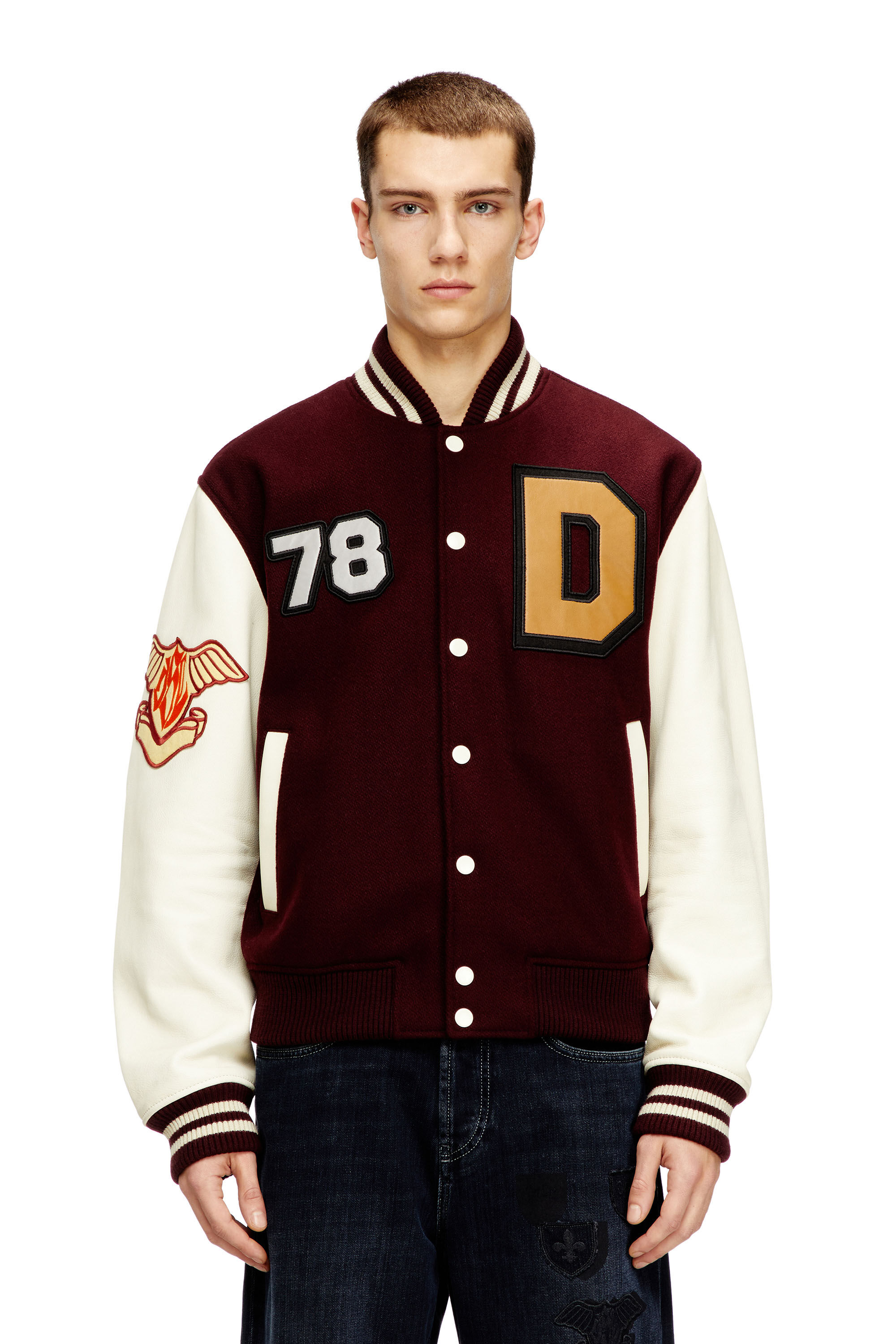 Diesel - L-ARRY-CP, Man's Varsity jacket in wool and leather in Red/White - 3