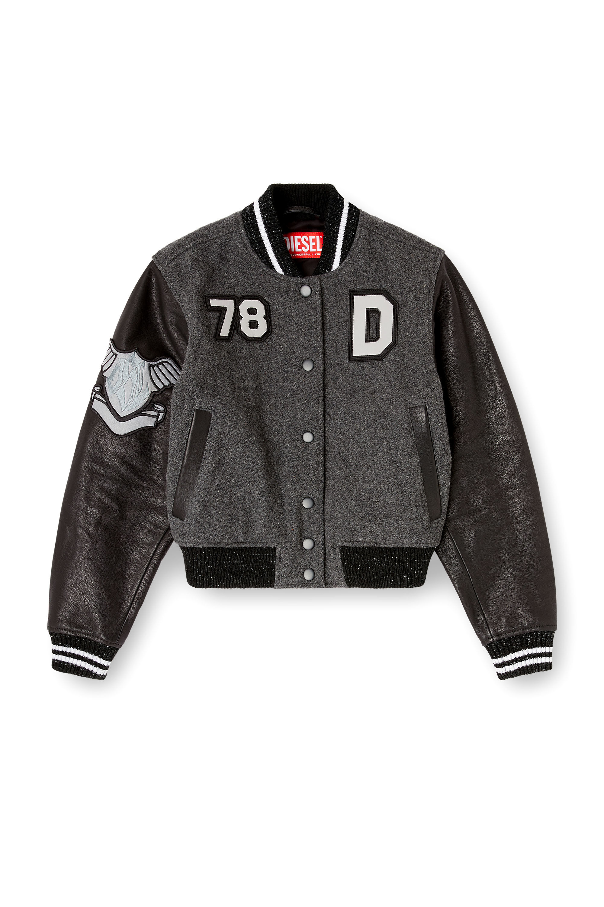 Diesel - L-REAL-CP, Woman's Cropped varsity jacket in wool and leather in Black/Grey - 2