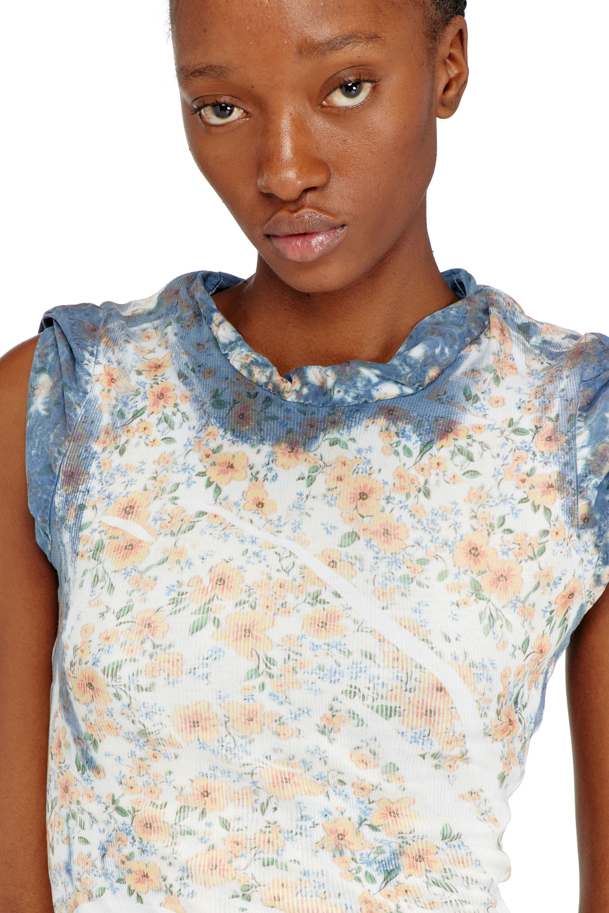 Diesel - D-AYANA, Woman's Layered short dress with floral X-ray effect in Beige/Blue - 5