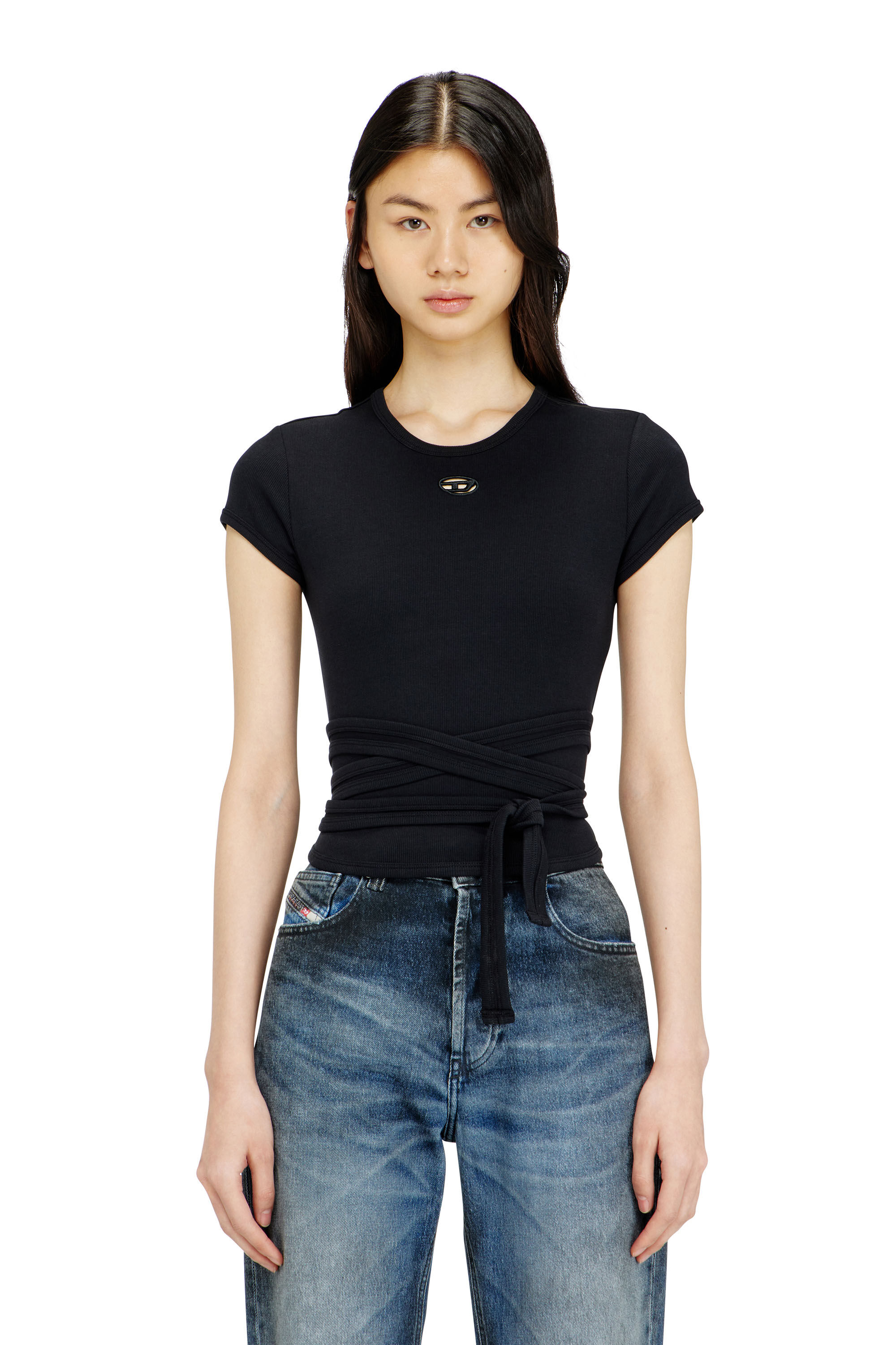 Diesel - T-BUNNY-TAIL-S1, Woman's Ribbed top with wrap-around laces in Black - 3