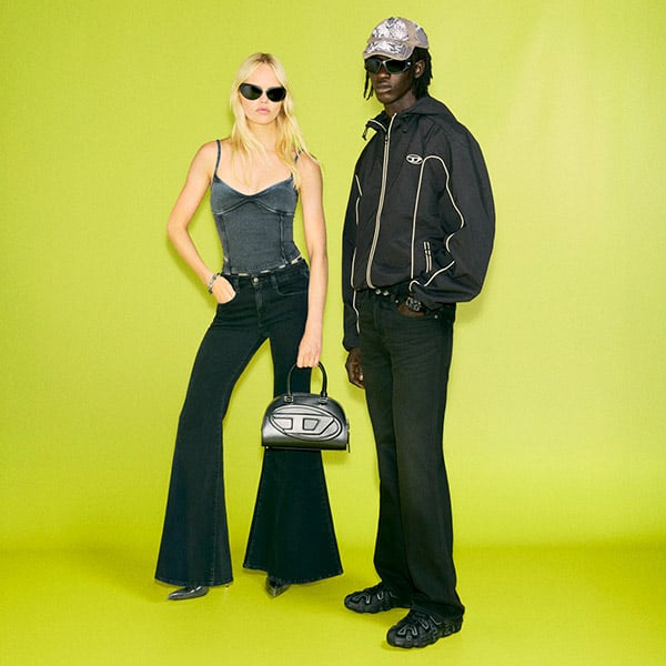 A woman and a man wearing Diesel new jeans