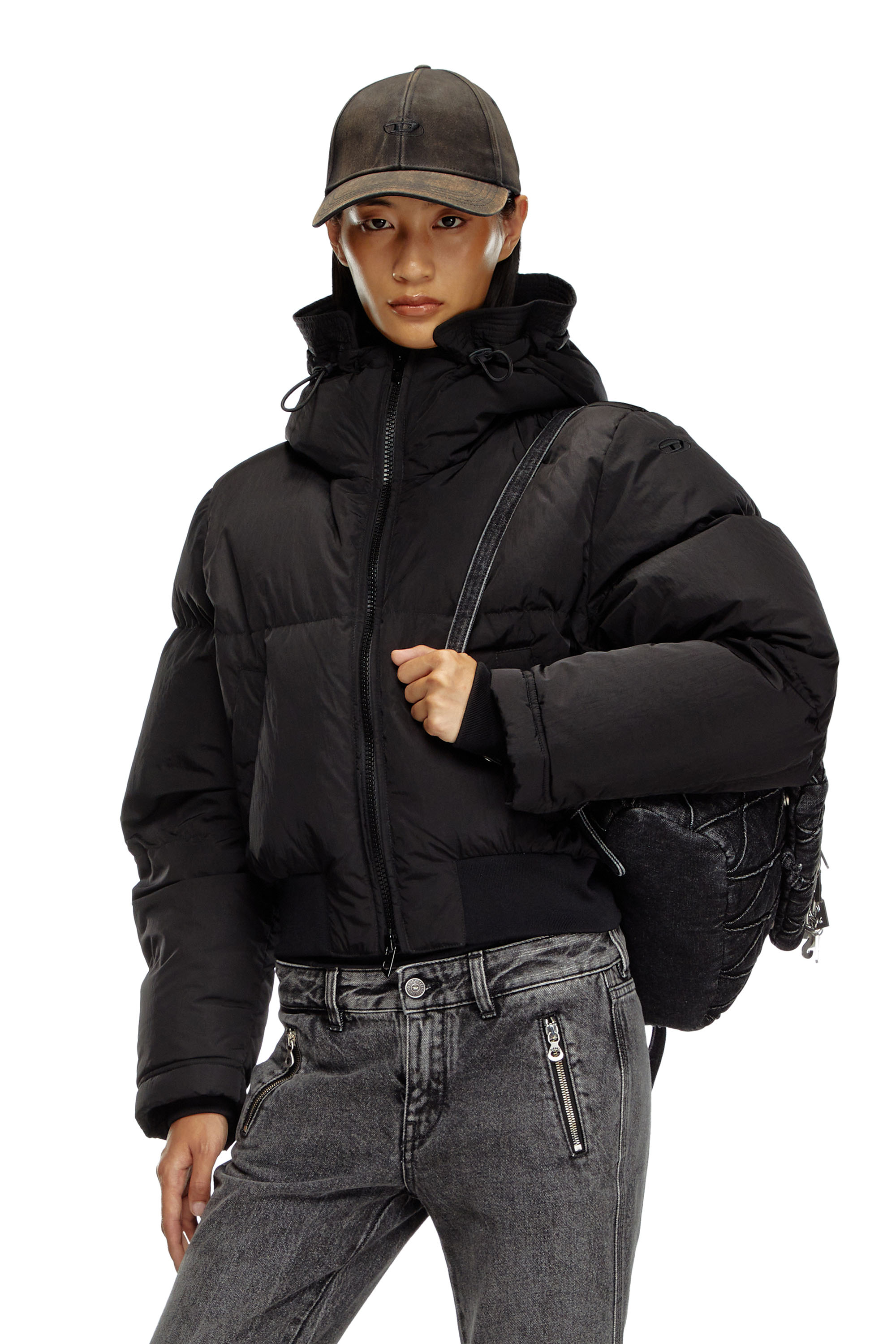 Diesel Hooded Down Jacket In Crinkled Nylon In Black