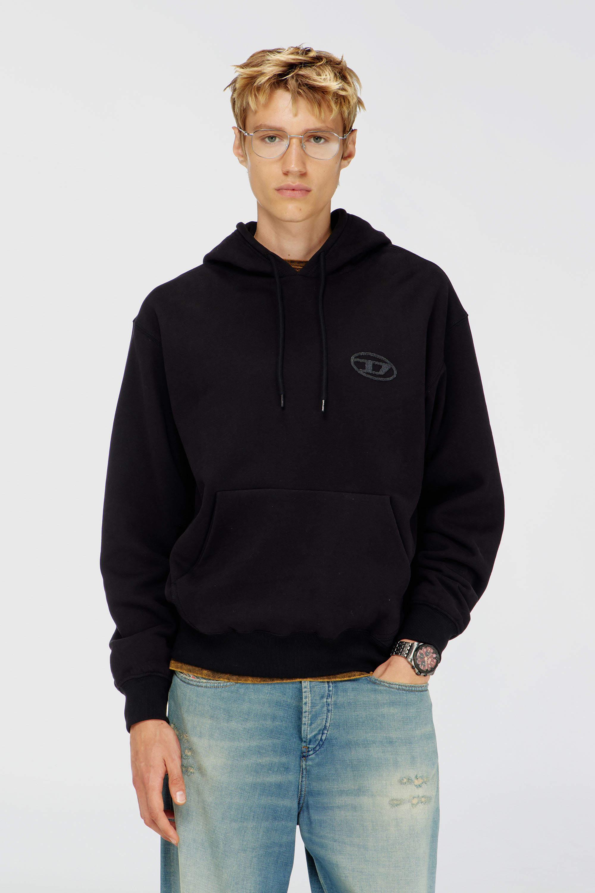 Diesel – Cotton hoodie with tonal Oval D logo embroidery – Sweaters – Man – Black