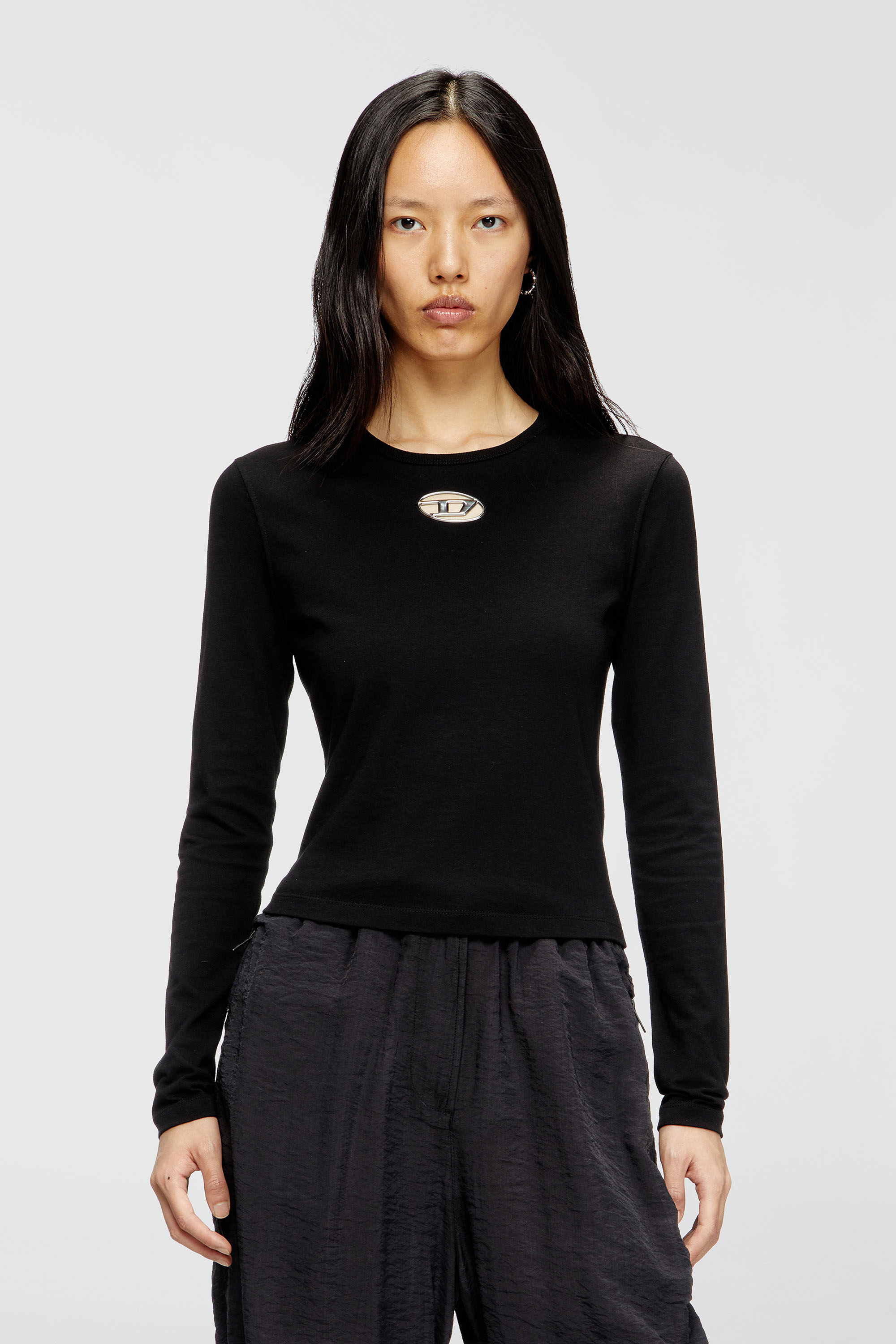 Diesel Women's Black - Long-Sleeve Top With Oval D Cut-Out - T-Shirts - Woman Small