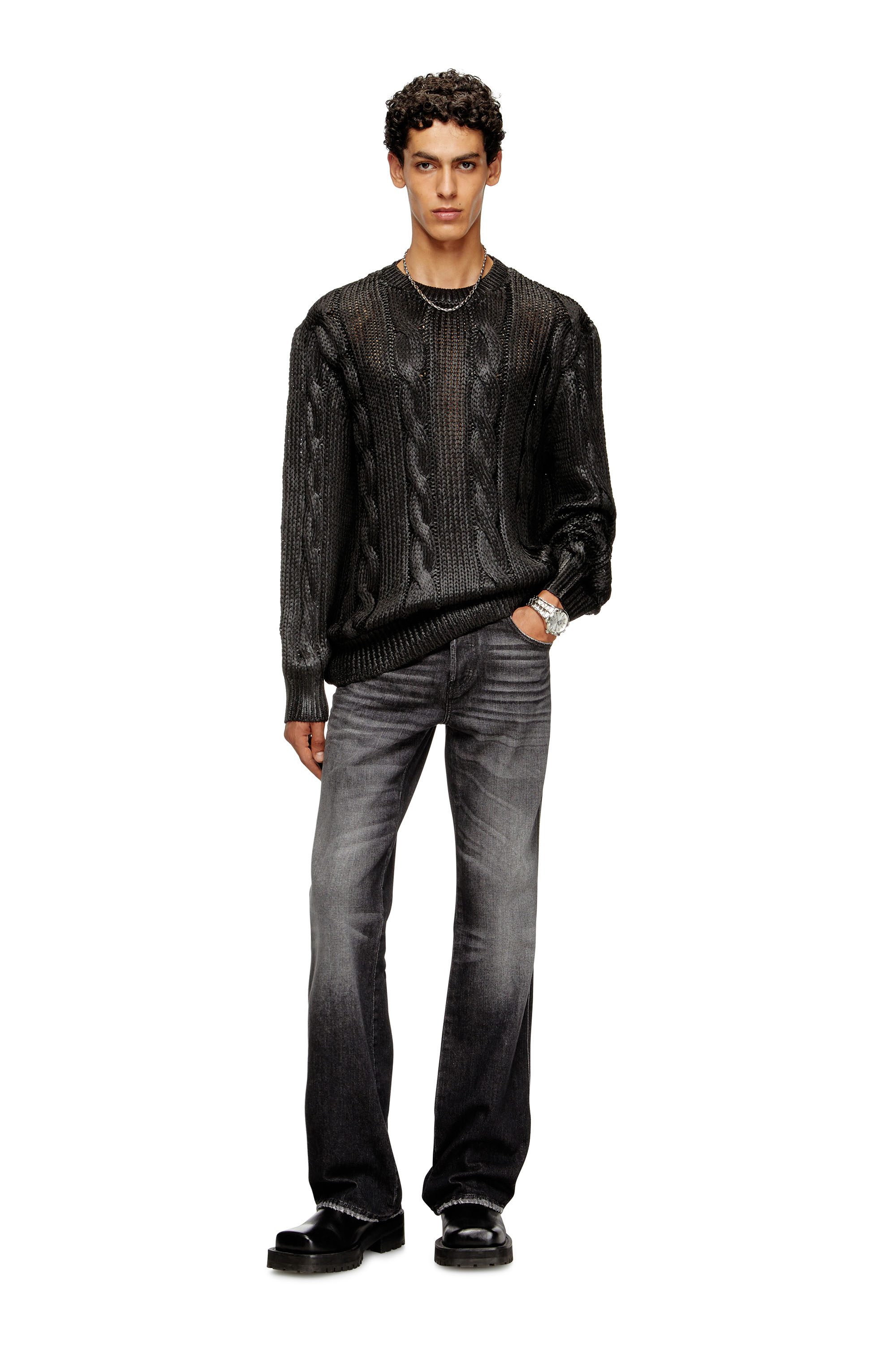 Diesel - K-MICHIU, Man's Cable-knit jumper with shiny effect in Black - 2