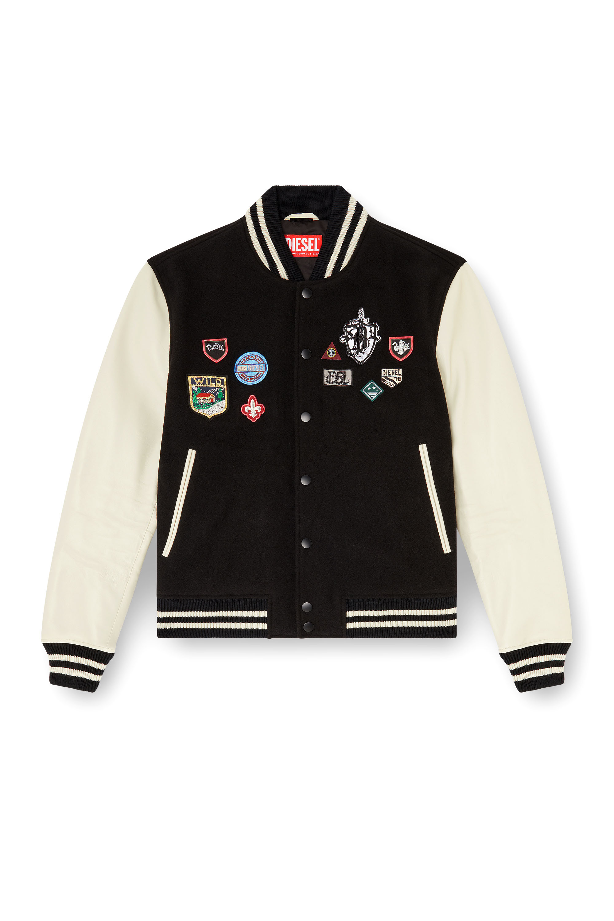 Diesel - L-ARRY-PATCH, Man's Wool and leather bomber jacket with patches in White/Black - 2