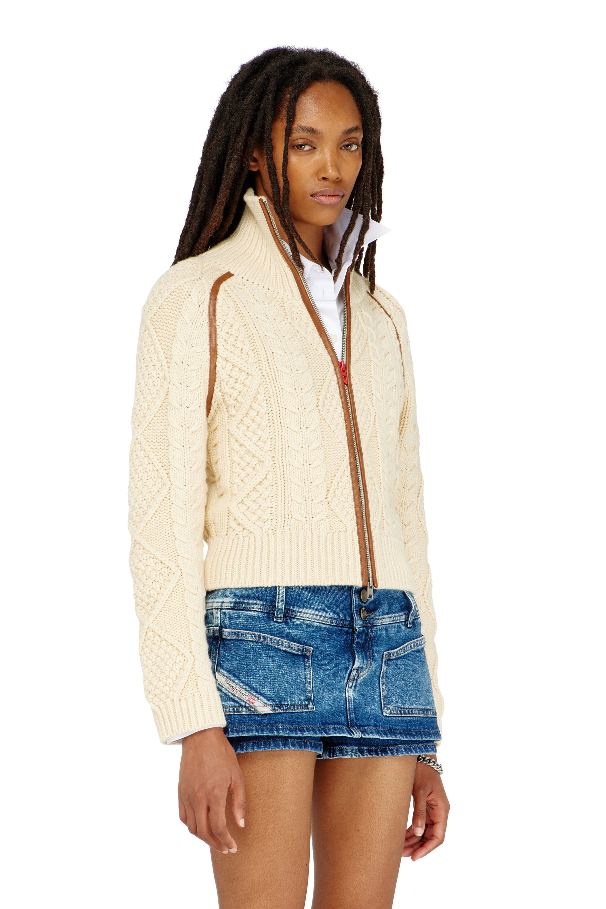 Diesel Vrouw Geel - Cable-Knit Cardigan With Contrast Bands - Knitwear - Woman Extra Groot