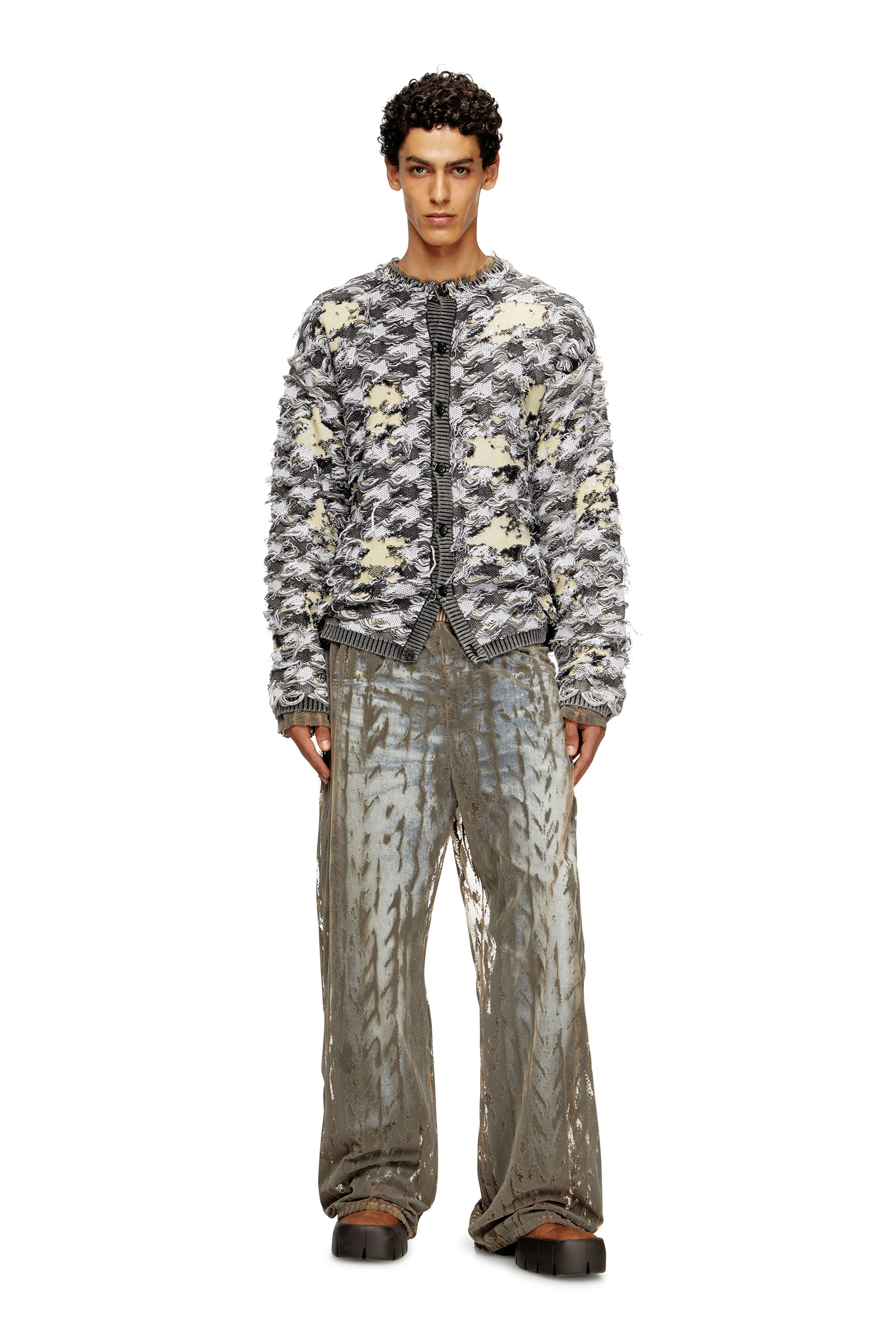 Diesel - K-VALBOR, Man's Cardigan in devoré houndstooth jacquard in Beige/Grey - 2